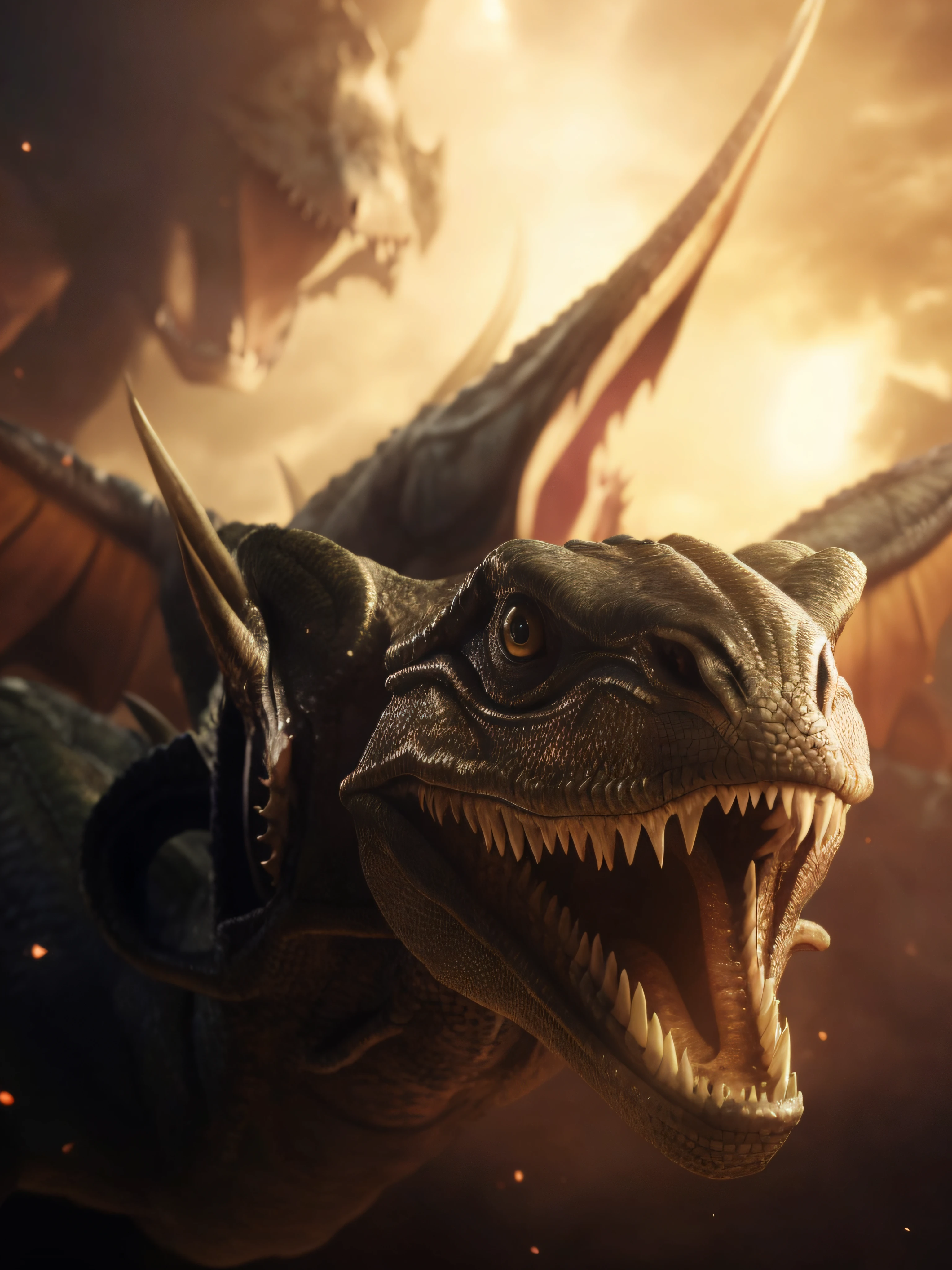 The dinosaur opened its mouth,Close-up of open teeth, monster hunter the movie, wyvern, hyperrealistic d & D fantasy art, weta workshop concept art, epic dragon, unreal engine 5 highly rendered, unreal engine 5 », colossal dragon as background, weta disney movie still photo, ultraterrestrial dragons, Dragon in the background