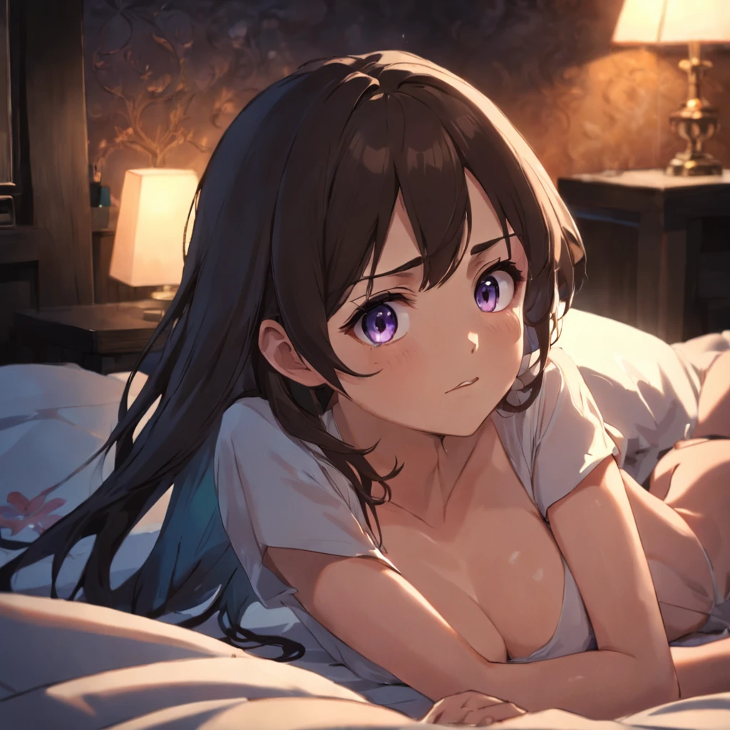 tmasterpiece,best qualtiy,cinematic Film still from,1girll,bedroom,inside in room,Girl lying on dormitory bed,Hold your palm,Go to bed,brunette color hair,Look at the camera,closeup cleavage,brightly,cheerfulness,Illuminated by warm and soft moonlight,the night,Dimly lit scene(spark of light:0.7)