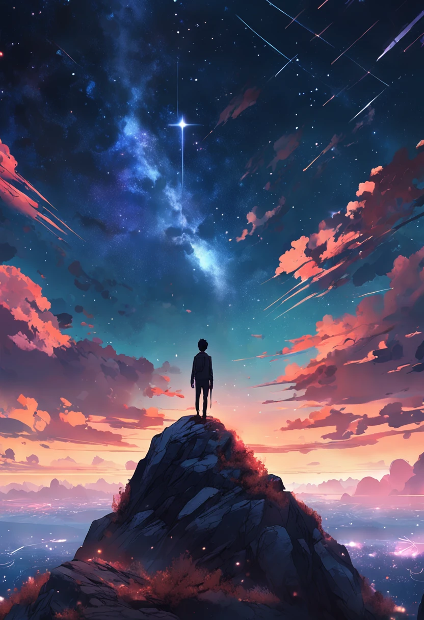 Anime boy standing on a rock looking at the sky full of stars, Makoto Shinkai Cyril Rolando, Anime art wallpaper 4k, Anime art wallpaper 4 K, Anime art wallpaper 8 K, Cosmos Sky. By Makoto Shinkai, Inspired by Cyril Rolando, in the style dan mumford artwork, amazing wallpapers, By Yuumei, White hair