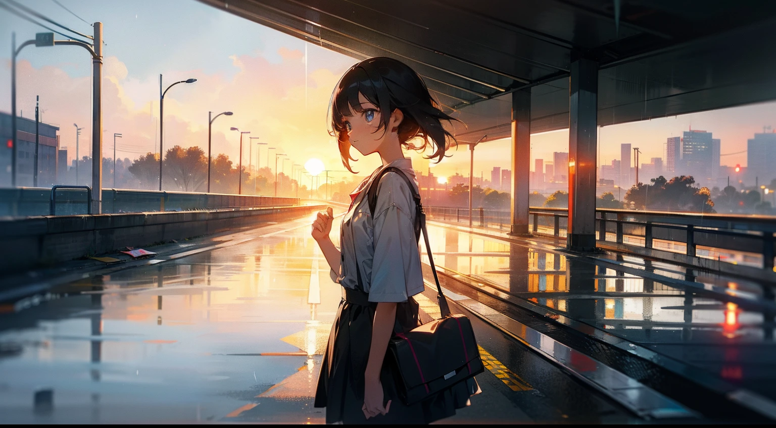 A girl on an overpass on the road,Looking at the sunrise at eight o'clock in the morning,It had just rained lightly,Clear air,Sunlight and rainwater above the road reflect on the building