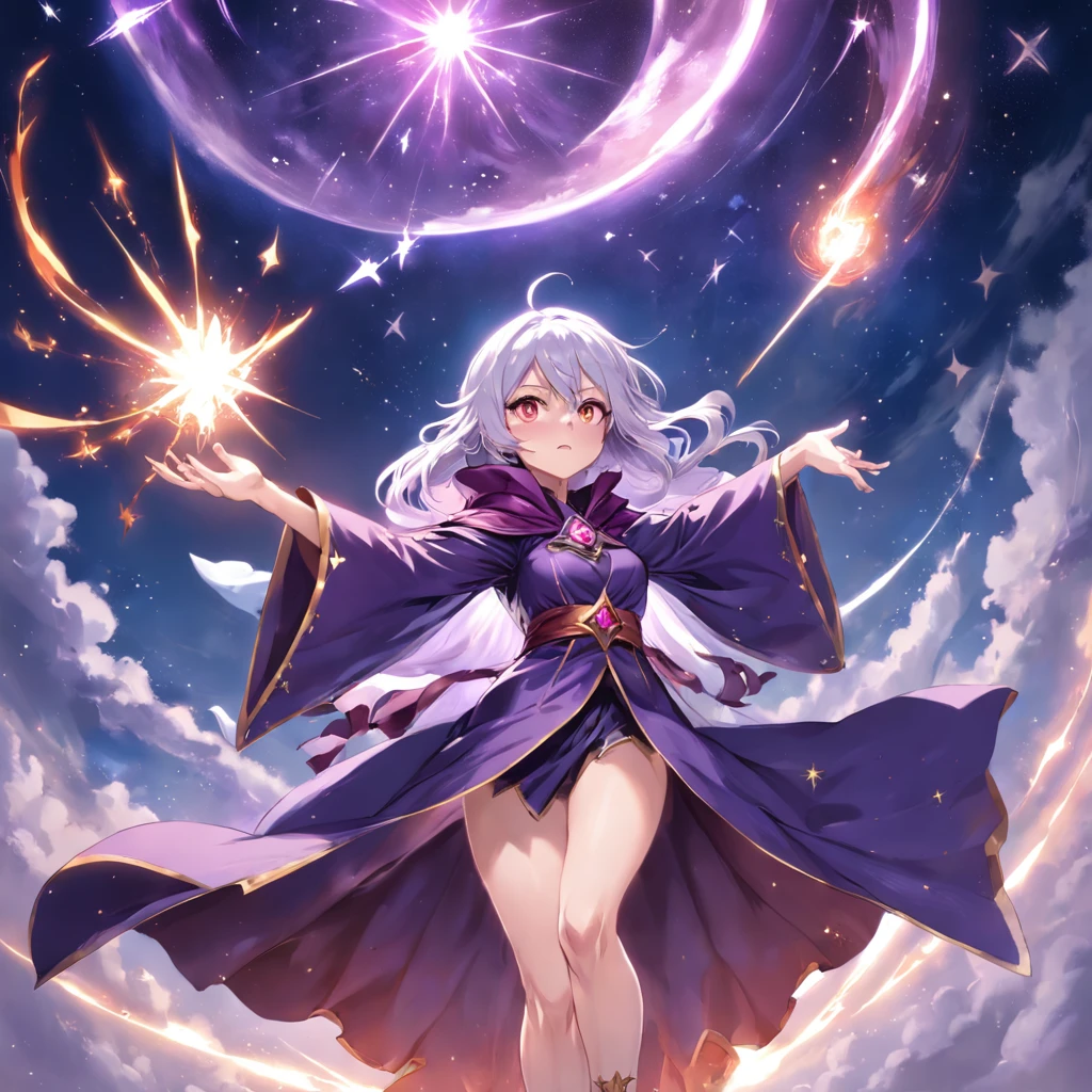 Anime girl in purple dress,Purple cape and stars, Beautiful celestial mage, White-haired, red-eyed bare-footed mage, sky witch, female mage!, sorcerer magic witch, astral witch clothes, beautiful wizard, wind wizard, /!\ sorceress woman, female mage conjuring a spell, Mage, sorceress woman,