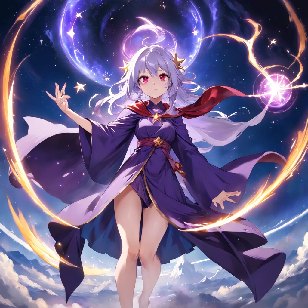 Anime girl in purple dress,Purple cape and stars, Beautiful celestial mage, White-haired, red-eyed bare-footed mage, sky witch, female mage!, sorcerer magic witch, astral witch clothes, beautiful wizard, wind wizard, /!\ sorceress woman, female mage conjuring a spell, Mage, sorceress woman,