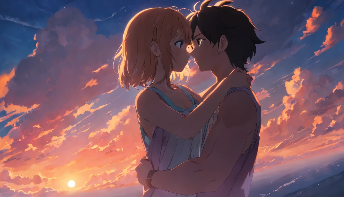 tmasterpiece，best qualtiy，cinematic Film still from，1girll，Cloud boy and girl hug，Floating in the sky，closeup cleavage，brightly，cheerfulness，Warm and soft lighting，the sunset