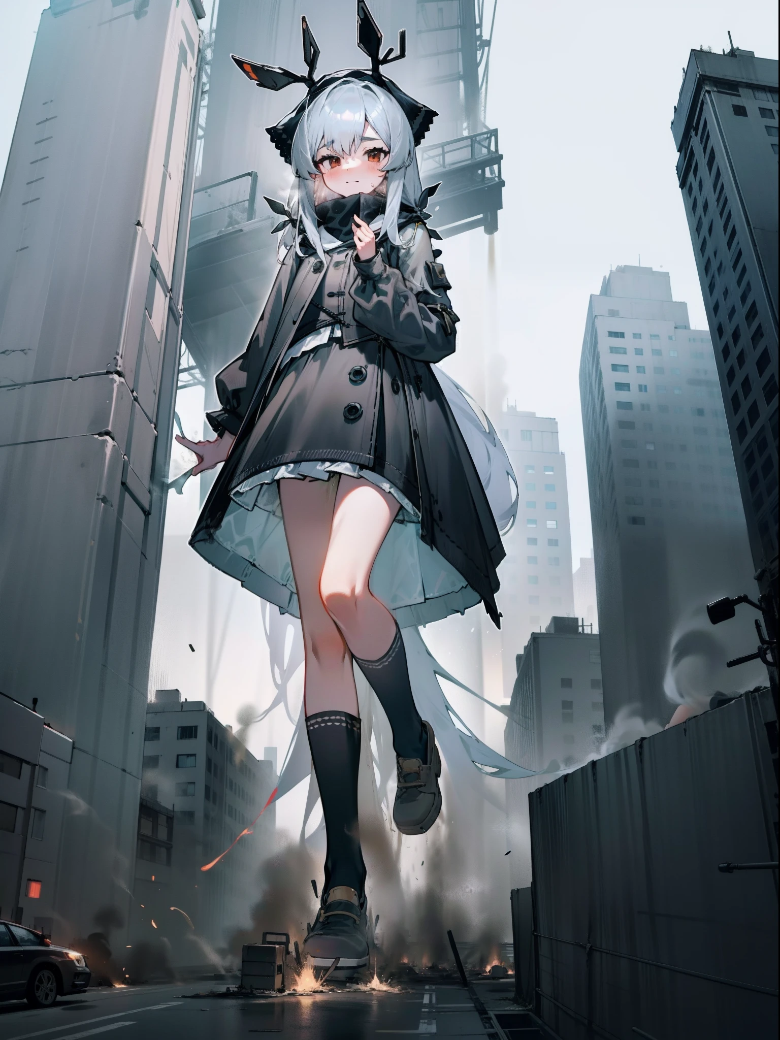 1girll，diaper，pissing，Be red in the face，Comfortable expression，Squat，urine squirting，{{{Giantess}}}，A giantess，10 meters tall girl，1girll，modern miniature city，The city was trampled by her，Squat in a modern miniature city ，Pee vigorously，Pee on a building on fire，Urine emits steam，White pile socks，Fleeing crowds，