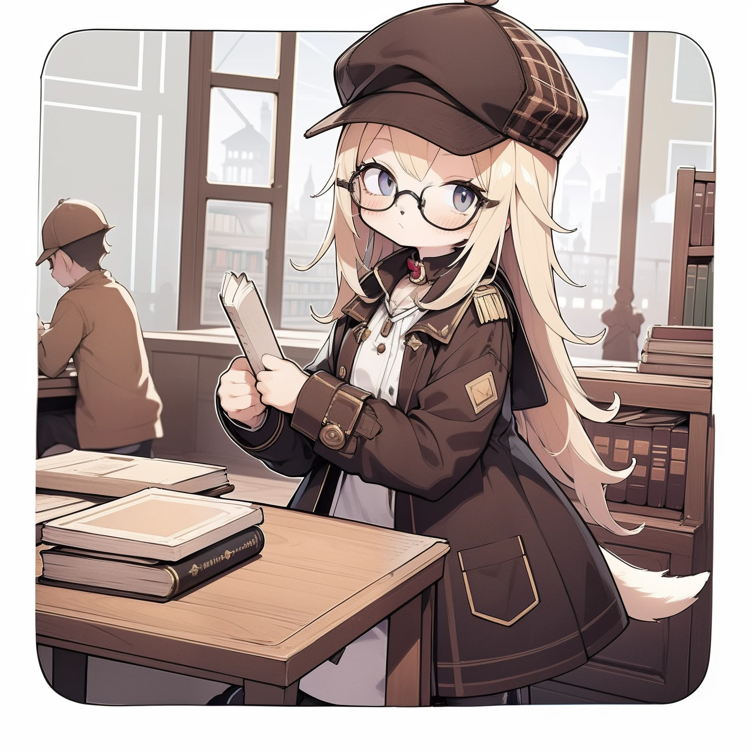 a puppy dog，Brown checkered hat，Brown checkered coat，Detective ，The expression was serious，library background，（white super long hair），Contre-Jour，（white border frame），（（solo person）），The magic book in hand，（（Wearing black-framed glasses）），full bodyesbian，Puppy ears，Puppy tail