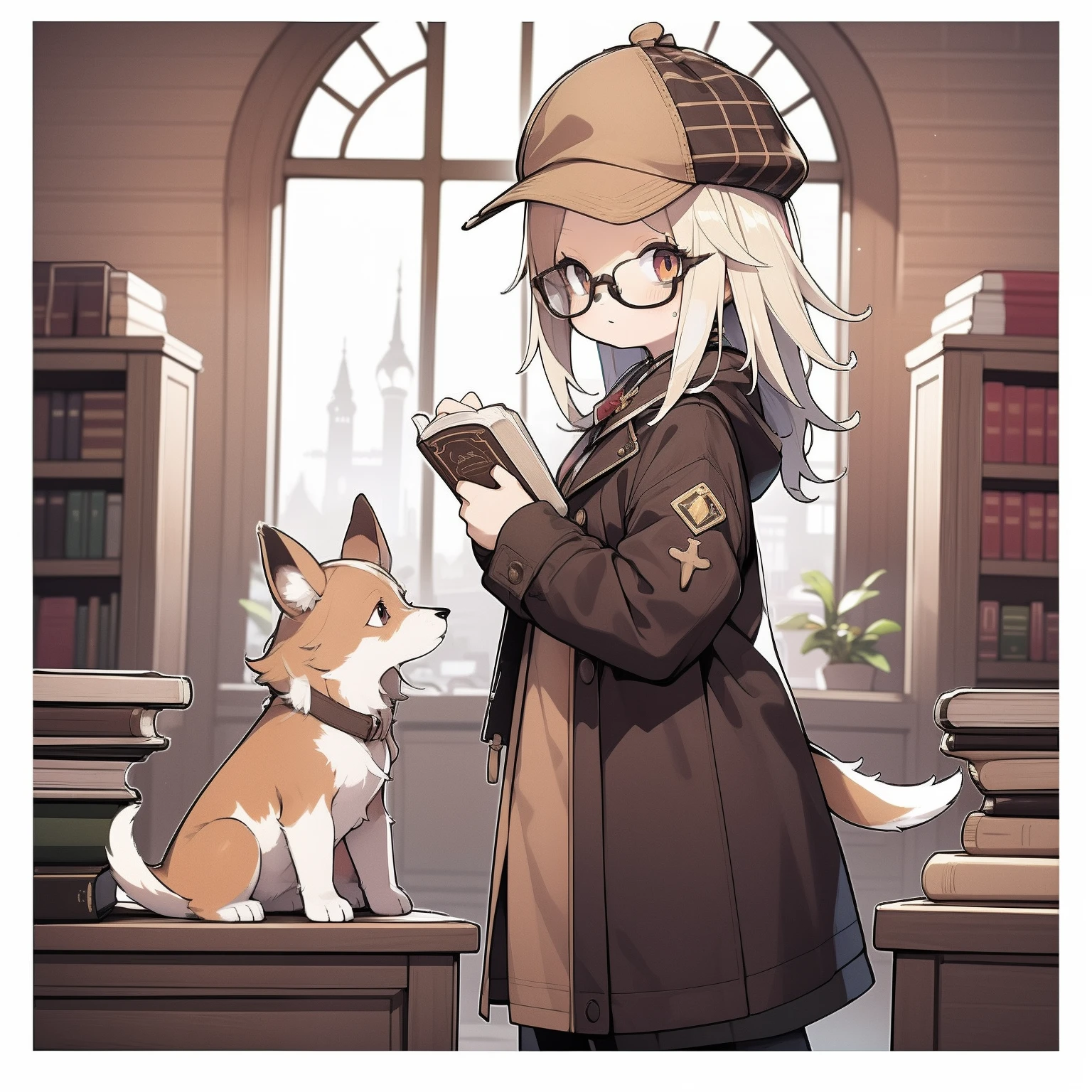 a puppy dog，Brown checkered hat，Brown checkered coat，Detective ，The expression was serious，library background，（white super long hair），Contre-Jour，（white border frame），（（solo person）），The magic book in hand，（（Wearing black-framed glasses）），full bodyesbian，Puppy ears，Puppy tail