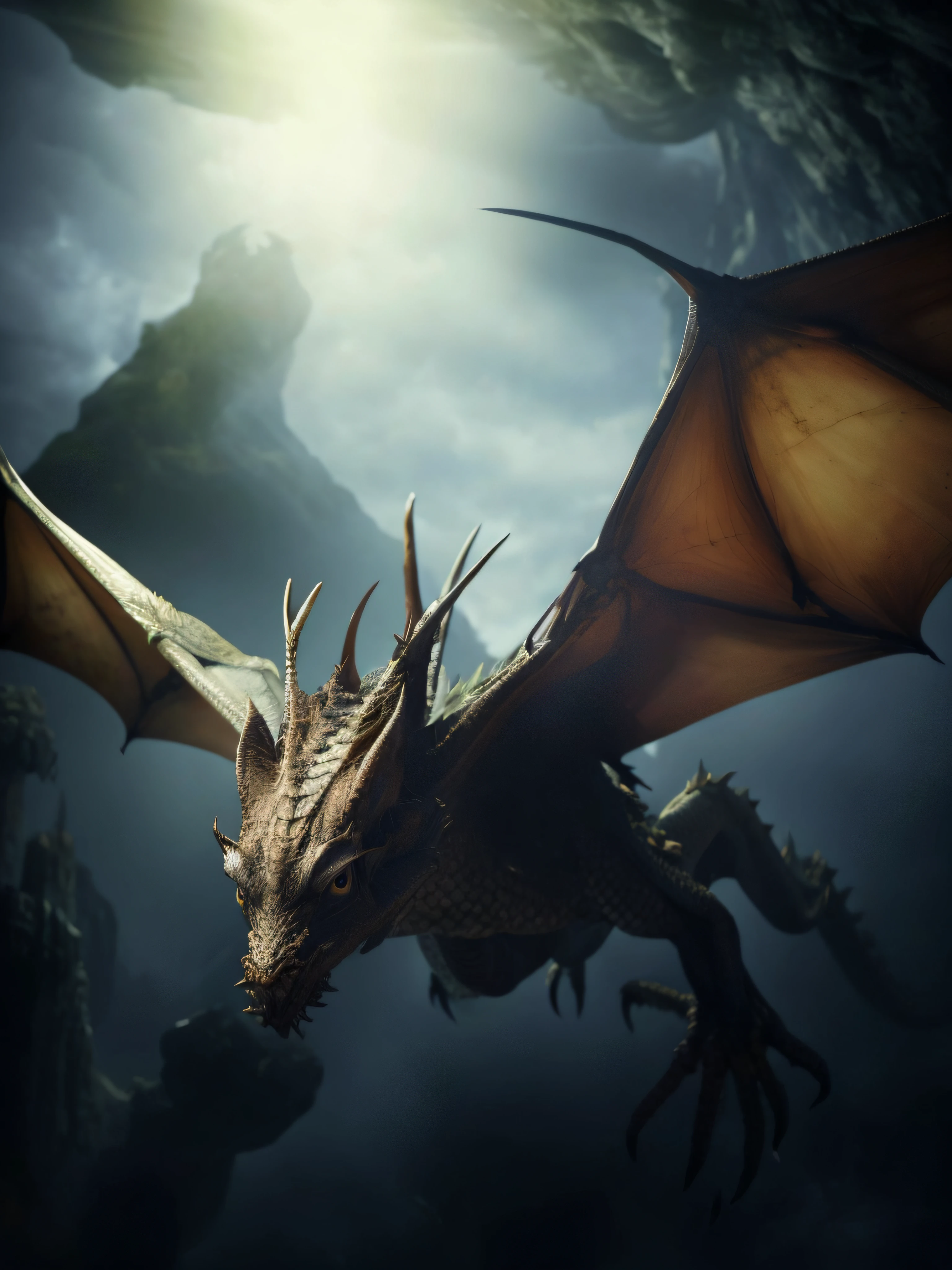 there is a dragon that is flying in the air，with her wings spread wide, Dragon Flying, dragon flying in the background, wyvern, dragons flying in the sky, Hiryu, dragons flying in the sky, dragons flying around, weta workshop concept art, giant dragon flying in the sky, weta disney movie still photo, ultraterrestrial dragons, weta studios, weta studios, european dragon