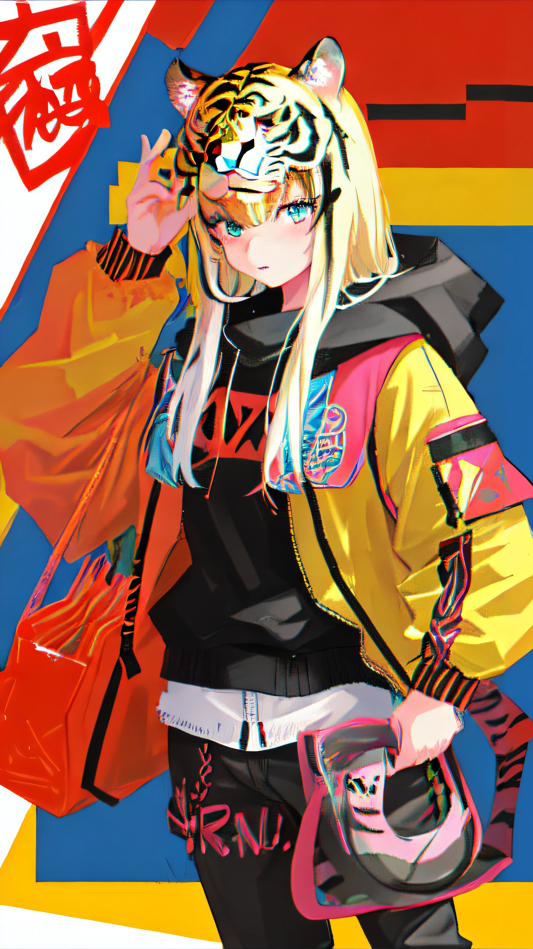 Anime girl walking on colorful background with tiger head and backpack, style of anime4 K, High Quality Anime Art Style, Anime style. 8K, anime art style, Anime style artwork, anime style art, rossdraws cartoon vibrant, anime style digital art, Anime style illustration, modern anime style, zerochan art, cyberpunk anime girl in hoodie, Anime art style