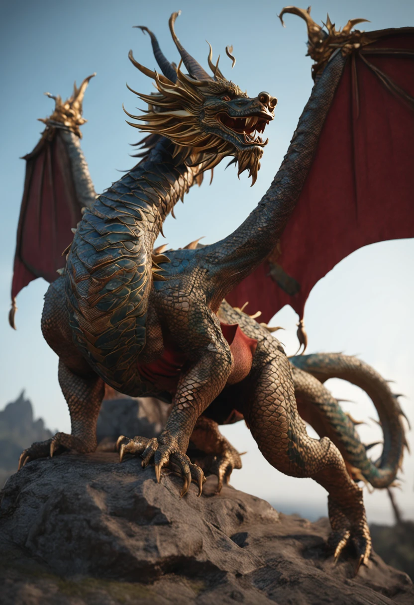 Handsome Chinese dragon full body picture:1.6,Very long serpentine,4 Eagle feet,The body is bent and turned 2 times,No wings,trending on artstationh. Black scales . lighting, Epic, 8K, Highly detailed, Centered, symetry, picure, Intricate, voluminetric lighting, Beautiful, rich deep colors masterpiece, Sharp focus, Ultra detailed, in the style of dan mumford and marc simonetti, astrophotography