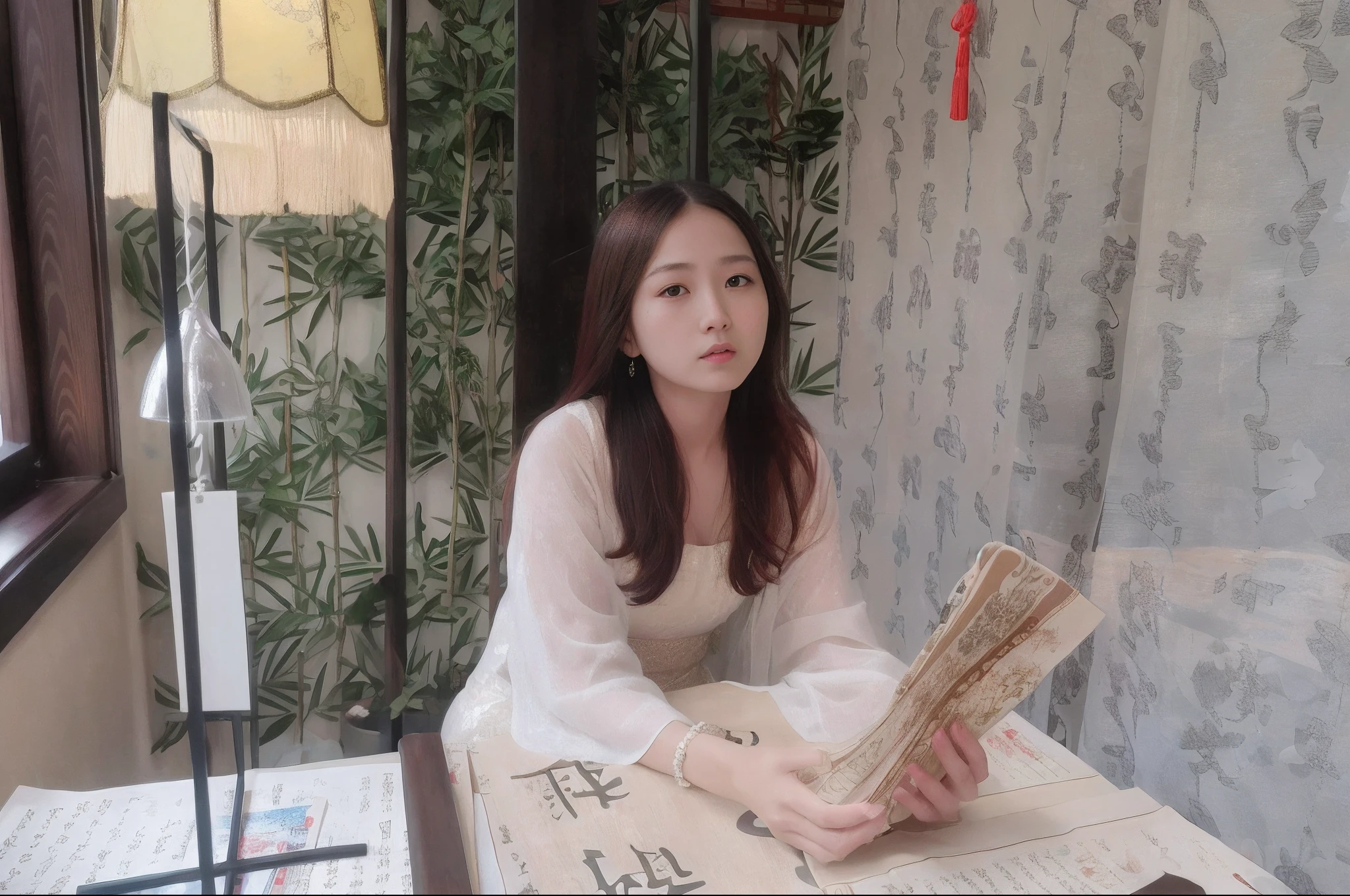 there is a woman sitting at a table with a book, xintong chen, wenfei ye, Yun Ling, White Hanfu, A young Asian woman, Chinese girl, Li Zixin, chengyou liu, Medium portrait, Lin Qifeng, Zhang Wanting, Chinese traditional, xue han, Palace , A girl in Hanfu, xiaofan zhang