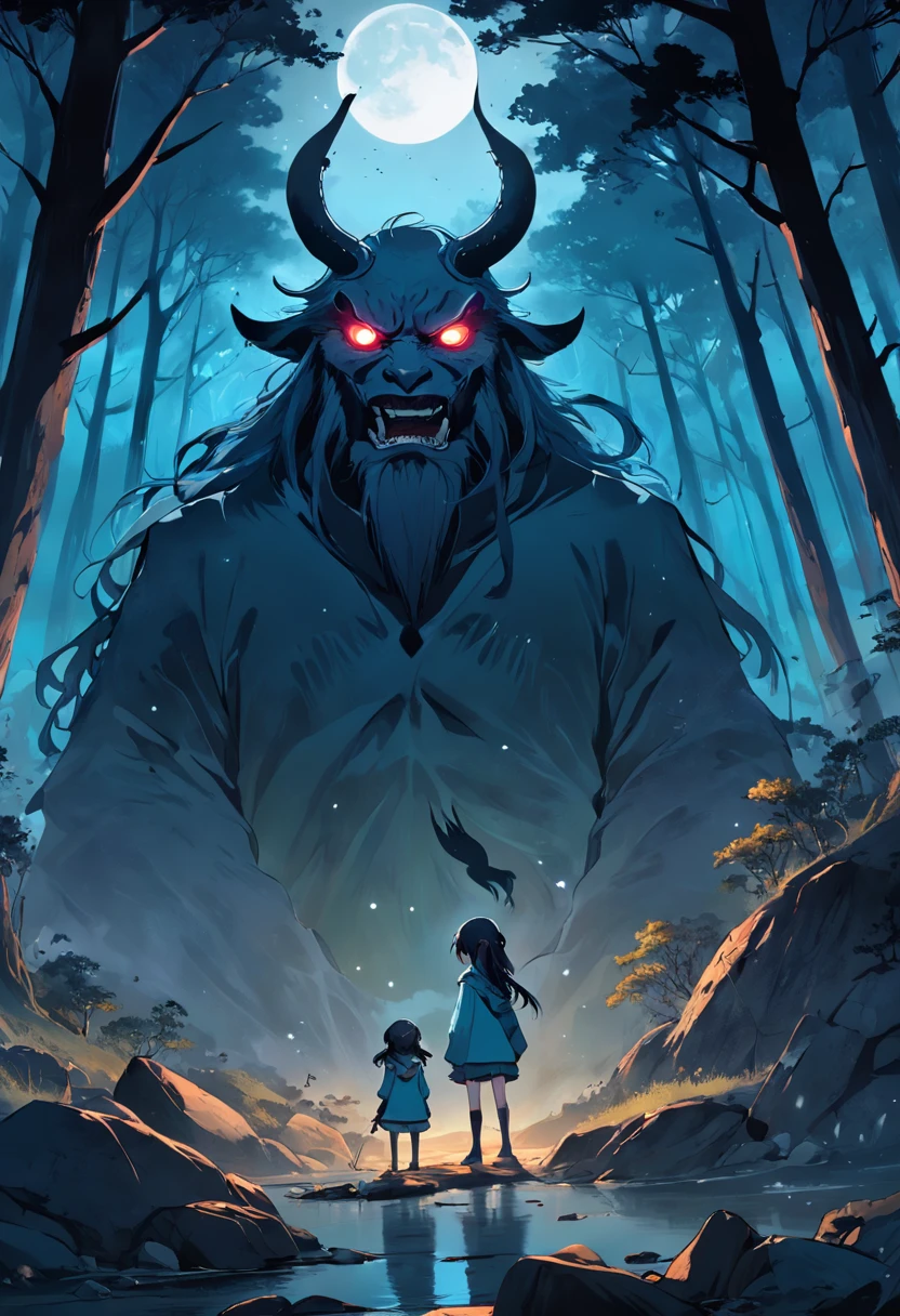 In the middle of the mountains in the woods，The father dug a pit with a shovel，The child was buried, mystical aura, Forest background, Moonlit Night, Swirling mist,fantastical creature, surreal atmosphere, Magical power,（Chinese folk suspense, horror, supernatural comic style）
