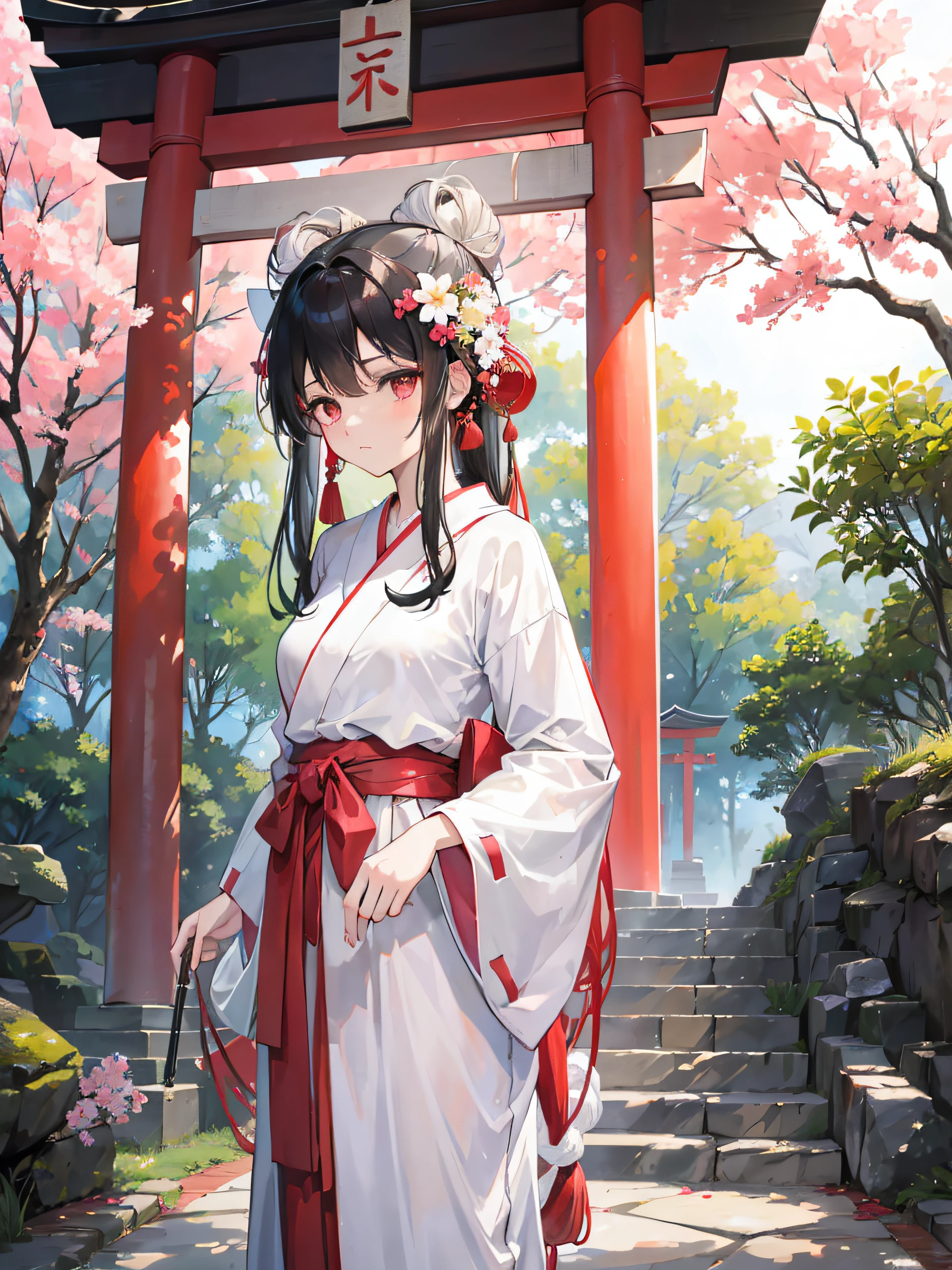Best quality, masterpiece, high resolution. A young shrine maiden named Kaori stands at the entrance of a serene Shinto shrine. The atmosphere is tranquil, with soft sunlight filtering through tall cedar trees, casting dappled shadows on the stone path. Kaori wears a traditional red and white miko outfit: a white kimono with red hakama pants, cinched with a thick, simple obi belt. Her hair is black, falling to her shoulders, with a few stray wisps blowing gently in the breeze. A delicate hairpin in the shape of a sakura blossom adorns her hair. In her hands, she holds a ritualistic wooden wand with white paper streamers, indicating her role in blessing and purifying the shrine. Her expression is calm and composed, but her eyes, a deep shade of brown, hold a spark of curiosity and wisdom. As she gazes forward, the world around her seems to be in harmony, a testament to the balance and peace she brings to the shrine.