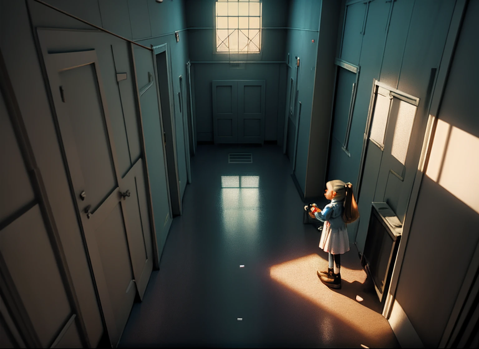 A stood in the dimly lit hallway,Face away from the camera,Rabbit doll in hand,The windows were blown open by the wind, 2 - point perspective, overlap perspective, 2 point perspective, one-point perspective, 1-point perspective, one-point perspective, two point perspective, point perspective, two point perspective, multi-point perspective, deep 3 point perspective, Orthogonal perspective, 3 point perspective, three point perspective