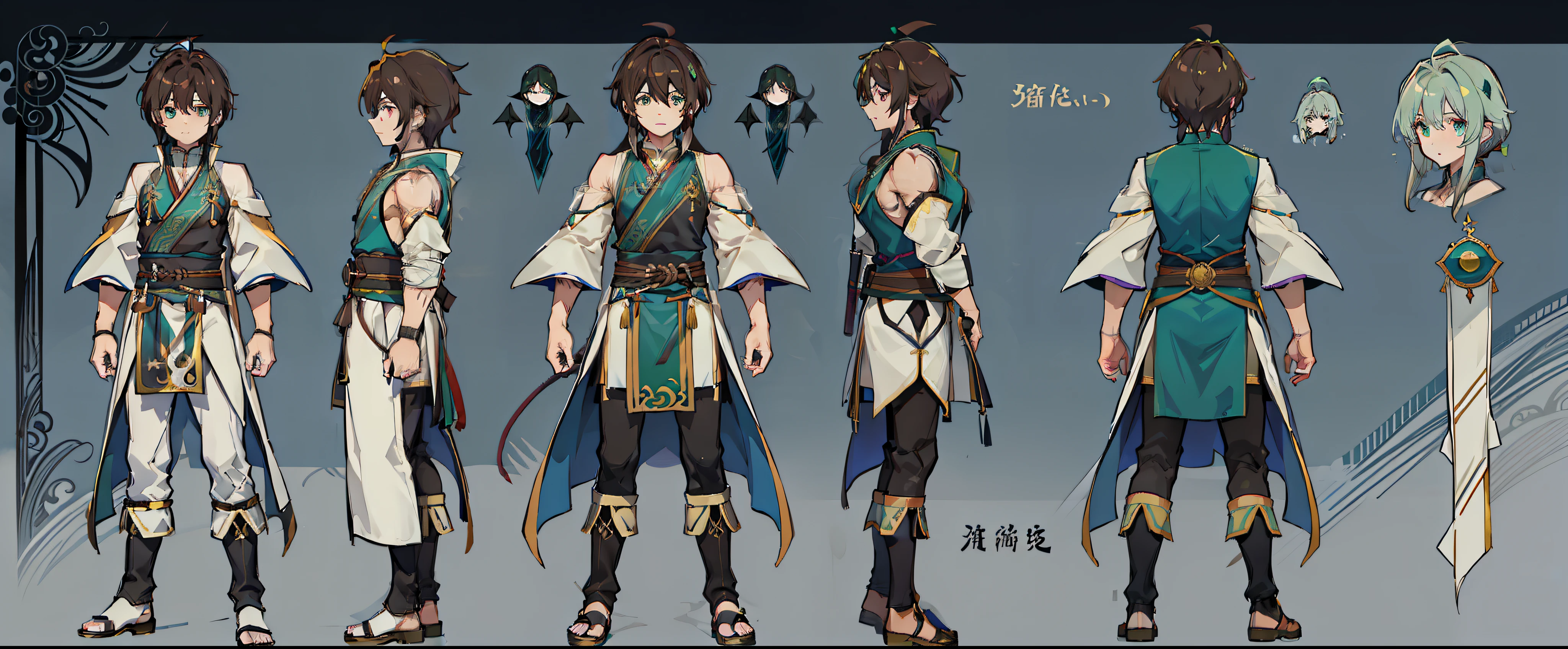 1人, reference sheet, (Fantasy character design, Front, back, Side) Manly, Mage, Magic User, Broad shoulders, Tall, lean athletic build. Magical green eyes, long and dark brown hair, neatly kept. flowing runic robes.Tibetan costumes