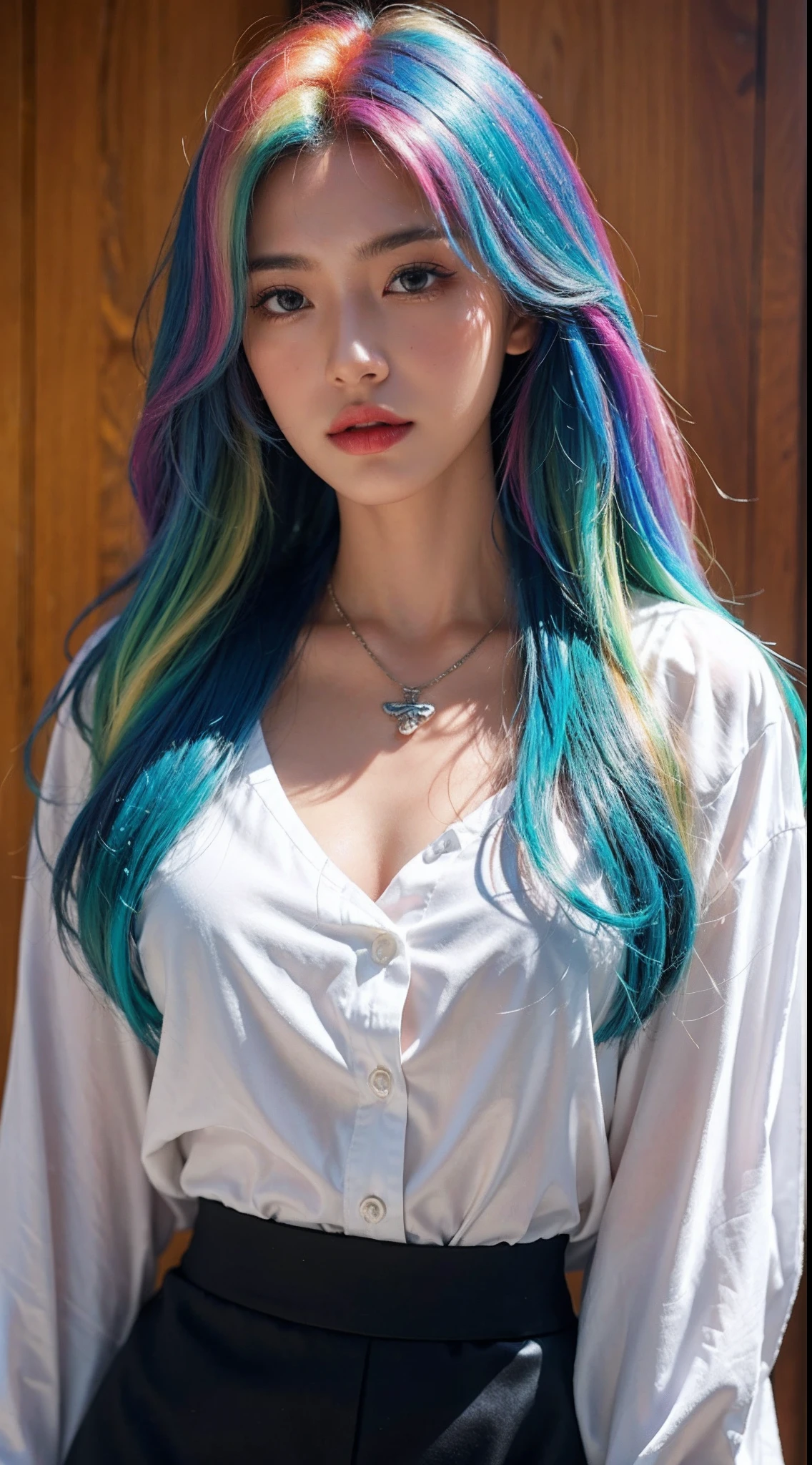 (best qualtiy,A high resolution,tmasterpiece:1.3),A tall and beautiful woman,Slender abs,Hair in loose wavy styling,rainbow hair color,nedium breasts,Wear a pendant,white button-down blouse,obi strip,a black skirt,(Modern architecture in background),Beautifully rendered details in face and skin textures,Detailed eyes,二重まぶた