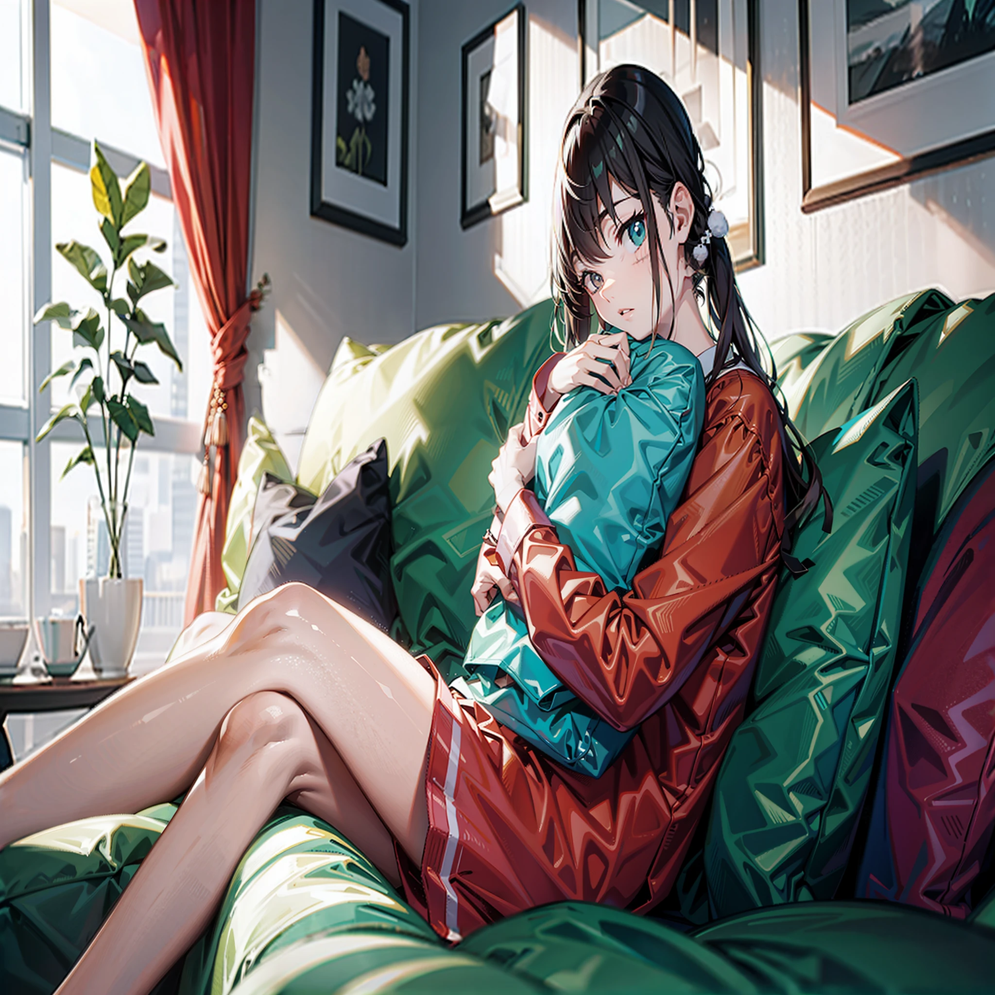 girl, Lying on the sofa, Looks like a lot of fun, Chinese Animation Style, Looks depressed, high quality, super detailed, crazy details, 4K