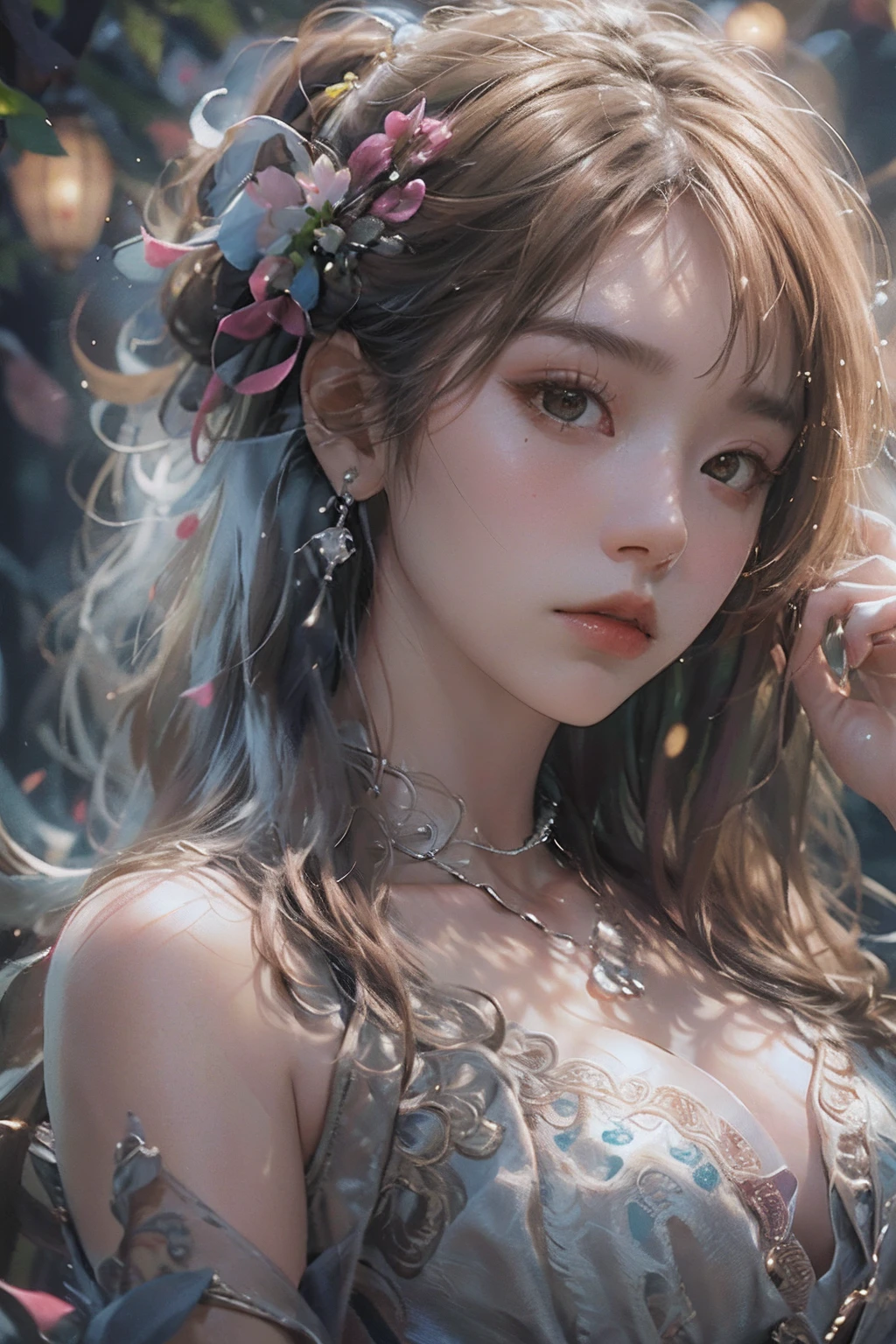 (Hyper-realistic) , (illustratio), (Increase the resolution), (8K), (RAW photos,best qualtiy),(realisticlying,photograph realistic:1.3),best qualtiy,highly detailed,tmasterpiece,Hyper-detailing,( the wallpaper), (详细的脸), 独奏,1girll,Moyou,Realistic, Universe, Lucy was wearing a full dress, hair flower, hair scrunchie, hair adornments, ribbon, Ribbon trim, Lace trim, necklace, jewelry, bangle, Stud earrings, choker necklace,Fantasyart,photographrealistic,动态照明,art stations,poster for,Volumetriclighting,Very detailed faces,4 k'',Award-Awarded,,1girll,in the darkness nigth,deep shading,low tune,Cowboy photos,(formal outfit:1.4),long whitr hair,whaite hair,
