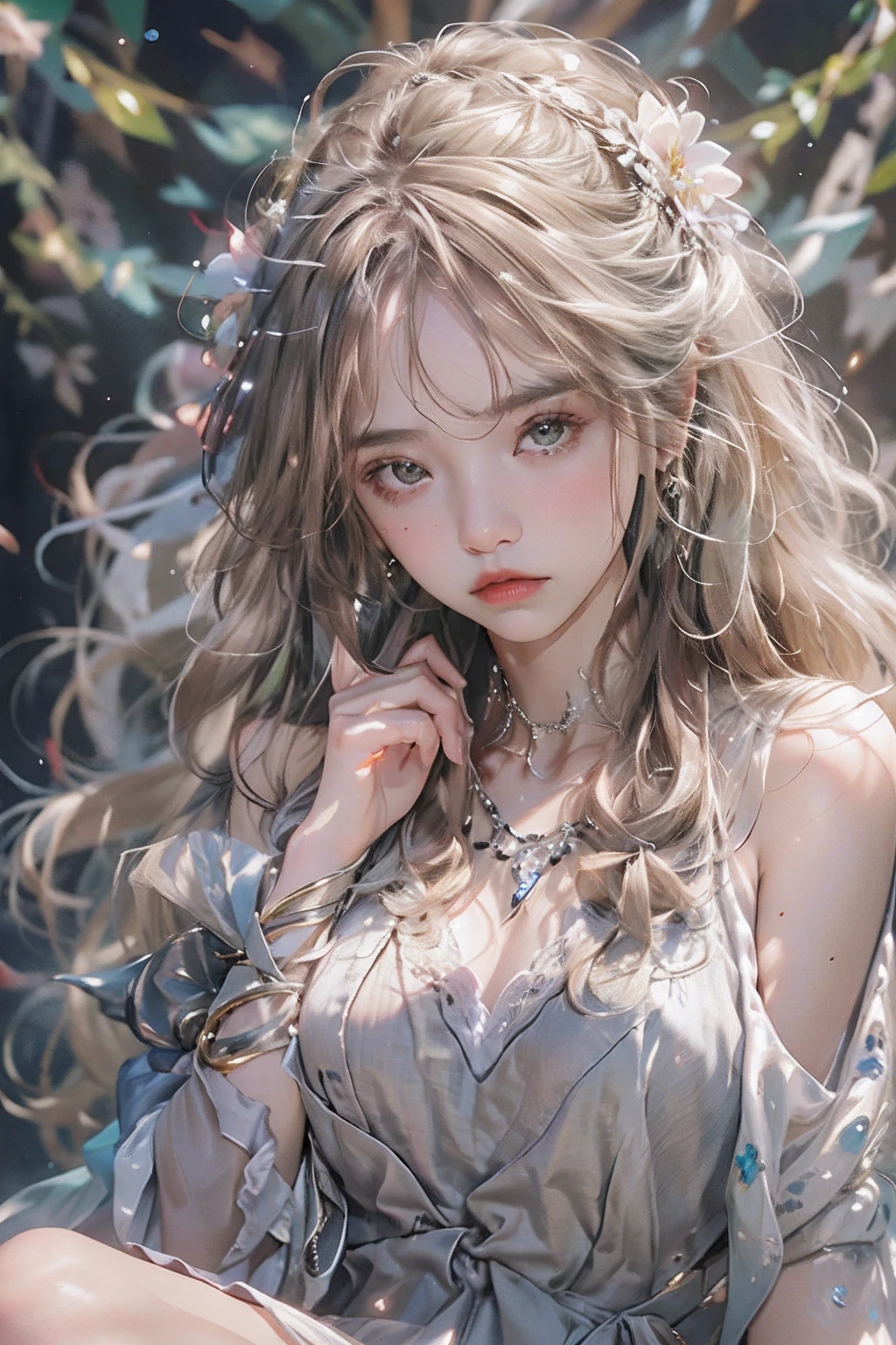 (Hyper-realistic) , (illustratio), (Increase the resolution), (8K), (RAW photos,best qualtiy),(realisticlying,photograph realistic:1.3),best qualtiy,highly detailed,tmasterpiece,Hyper-detailing,( the wallpaper), (详细的脸), 独奏,1girll,Moyou,Realistic, Universe, Lucy was wearing a full dress, hair flower, hair scrunchie, hair adornments, ribbon, Ribbon trim, Lace trim, necklace, jewelry, bangle, Stud earrings, choker necklace,Fantasyart,photographrealistic,动态照明,art stations,poster for,Volumetriclighting,Very detailed faces,4 k'',Award-Awarded,,1girll,in the darkness nigth,deep shading,low tune,Cowboy photos,(formal outfit:1.4),long whitr hair,whaite hair,