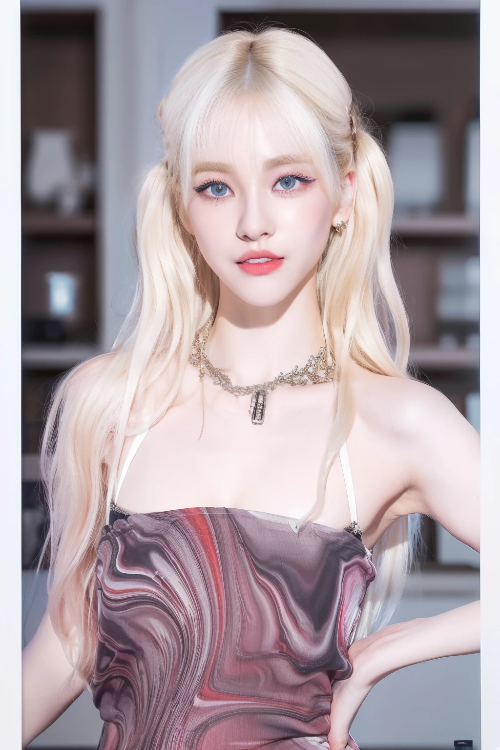 (8k, 4k, best quality, highres, ultra high res:1.1), (masterpiece, realistic, photo-realistic:1.1), 1girl, face, close-up, twintails, blonde hair, black eyes, red lips, (looking at viewer:2), absurdly long hair, long eyelashes, eyeshadow, small face, big eyes,
bare shoulders,
high contrast,