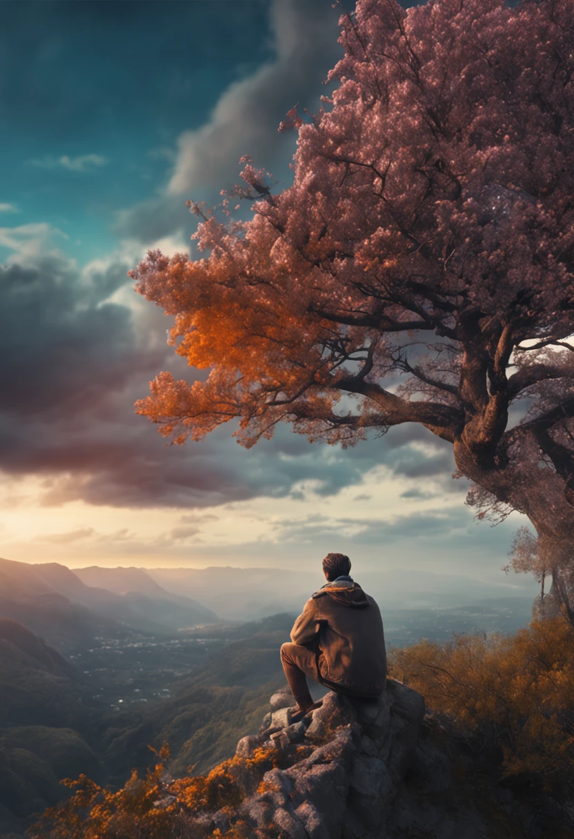 a young boy with grey blue jacket sitting on the cliff one tree at the back watching the beautiful colorfull sparkling sky
