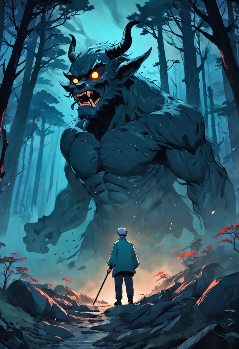 1 Middle-aged man,with wrinkles on his face，In the middle of the mountains in the woods，Dig a hole with a shovel, mystical aura, Forest background, Moonlit Night, Swirling fog Surreal atmosphere,（Chinese folk suspense, horror, supernatural comic style）