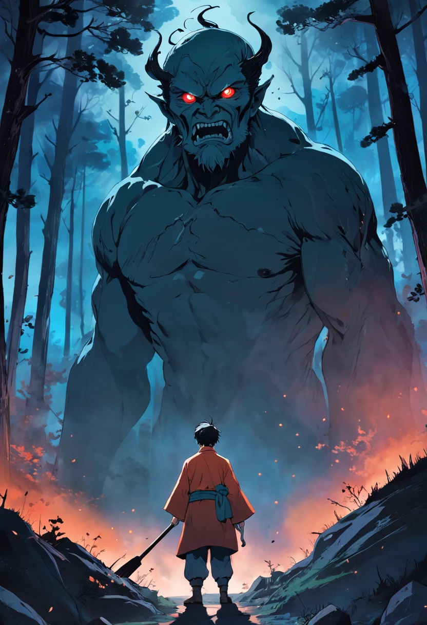 1 Middle-aged man,with wrinkles on his face,In the middle of the mountains in the woods,Holding a , mystical aura, Forest background, Moonlit Night, Swirling mist,surreal atmosphere,hyper-detailing,high high quality(Chinese folk suspense, horror, supernatural comic style)
