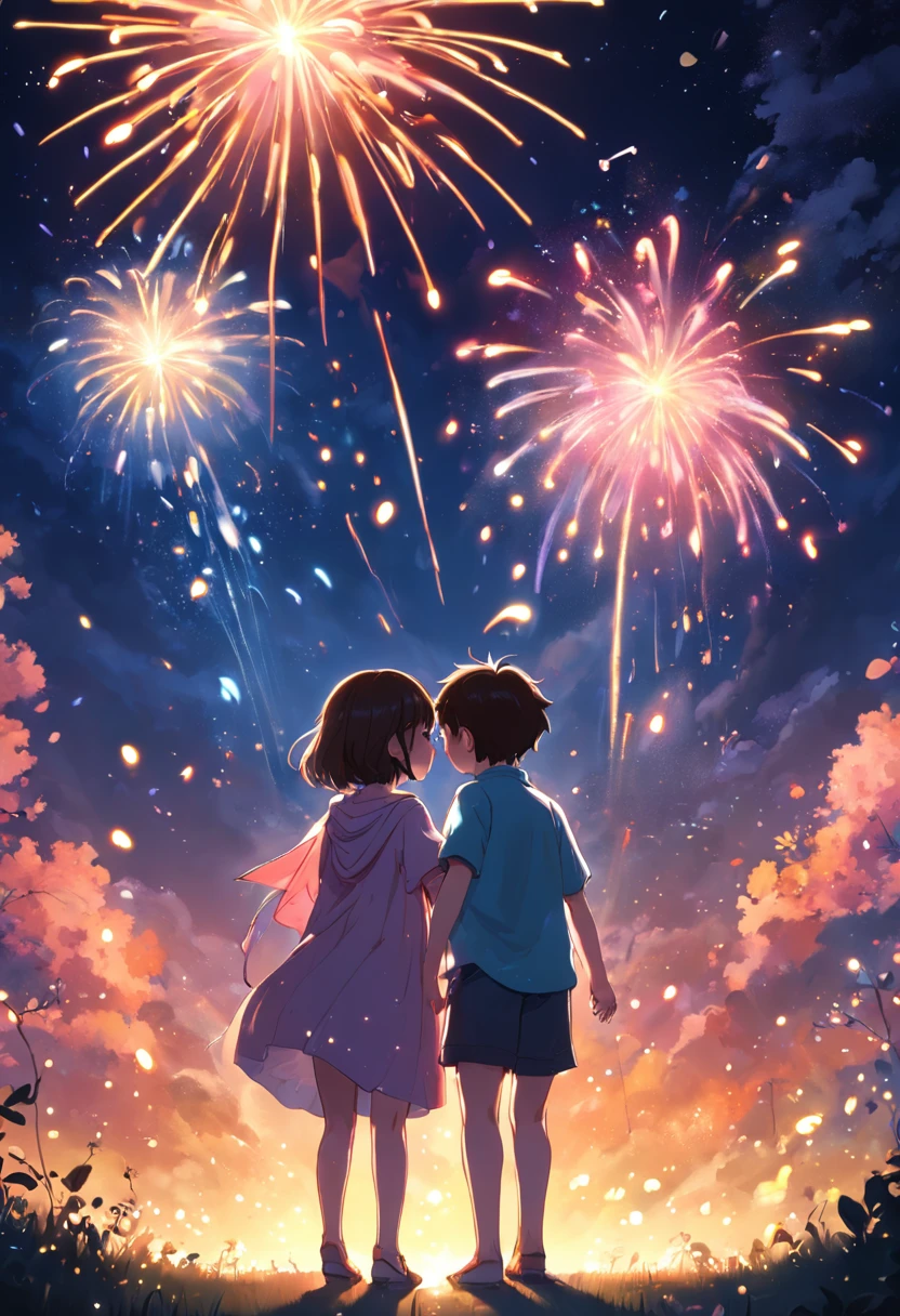the night,Colorful,Fireworks all over the sky,Heart-shaped bubbles,Child couples,Cartoony,Chubby little girl and little boy hugging each other,Glowing fireflies around,,Cute and cute,KIDS ILLUSTRATION,Glow effects,Dingdall effect,depth of fields,high light,Real light,Ray traching,oc rendered,Hyper-realistic,best qualtiy,8K,Works of masters,super-fine,Detailed pubic hair,Correct anatomy,sharp focus on eyes,The facial structure is reasonable,Facial features are carefully depicted