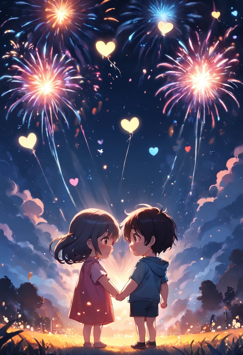 Teenage couple ,night,pink,Fireworks go up against an empty sky,Heart shaped bubbles,Manga style,They're chubby and hugging,cute cute,Glow effect,Dindal effect,Depth of written boundary,highlight,Real Light,Ray Tracing,OC Rendering,Ultra-realistic,Highest quality,8k,Masterpieces,Ultra-fine,More about pubic hair,Correct Anatomy,Sharp focus on the eyes,Bokeh,The facial features are carefully drawn