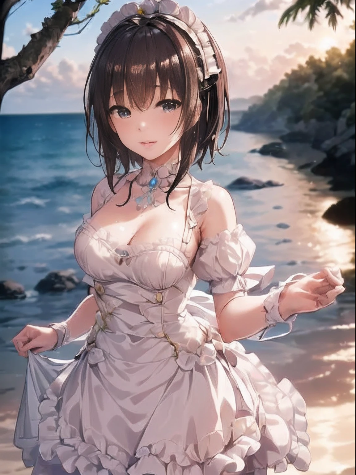 the Extremely Detailed CG Unity 8K Wallpapers、realisitic、hand of Guido Daniele
((1人の女性))、brown haired、Dolce_****ta、full body Esbian、White Made Hair Accessories、Drag the plate by hand to the cocktail、Hold the tray、Sunset Coast、plein air、long-one-piece dress