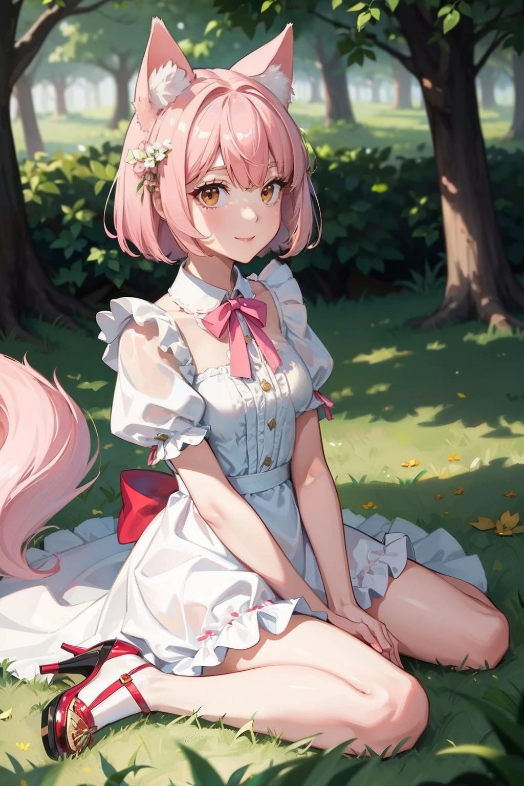 ((masterpiece,best quality)),1girl,half kitsune and half human, elegant satin dress, fluffy ears, high heels, solo, animal ears, knees up, dress, sitting, short sleeves, looking at viewer, grass, short hair, smile, pink hair, puffy sleeves, outdoors, puffy short sleeves, on ground, full body, animal, white dress, sunlight, brown eyes, dappled sunlight, day, depth of field