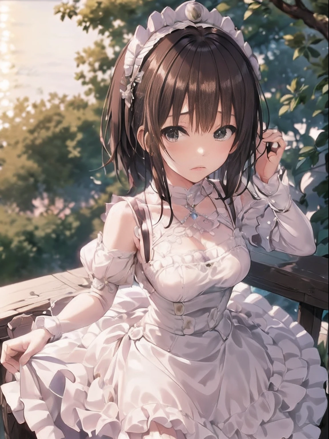 the Extremely Detailed CG Unity 8K Wallpapers、realisitic、hand of Guido Daniele
((1人の女性))、brown haired、Dolce_****ta、full body Esbian、White Made Hair Accessories、Drag the plate by hand to the cocktail、Hold the tray、Sunset Coast、plein air、long-one-piece dress