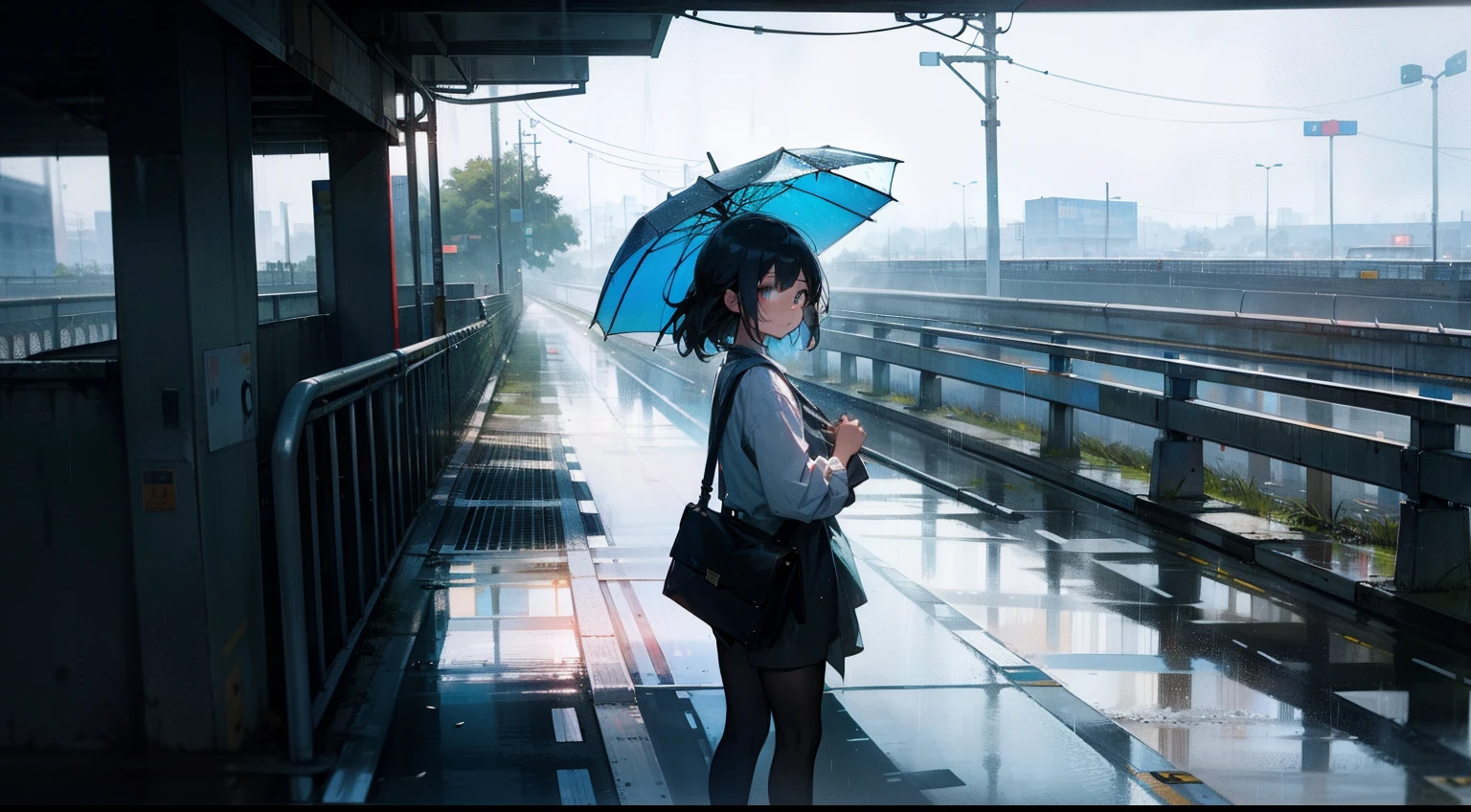 A girl on an overpass on the road,Early in the morning,It had just rained lightly,Clear air,Sunlight and rain above the road reflect on the buildings,Screen view from top to bottom