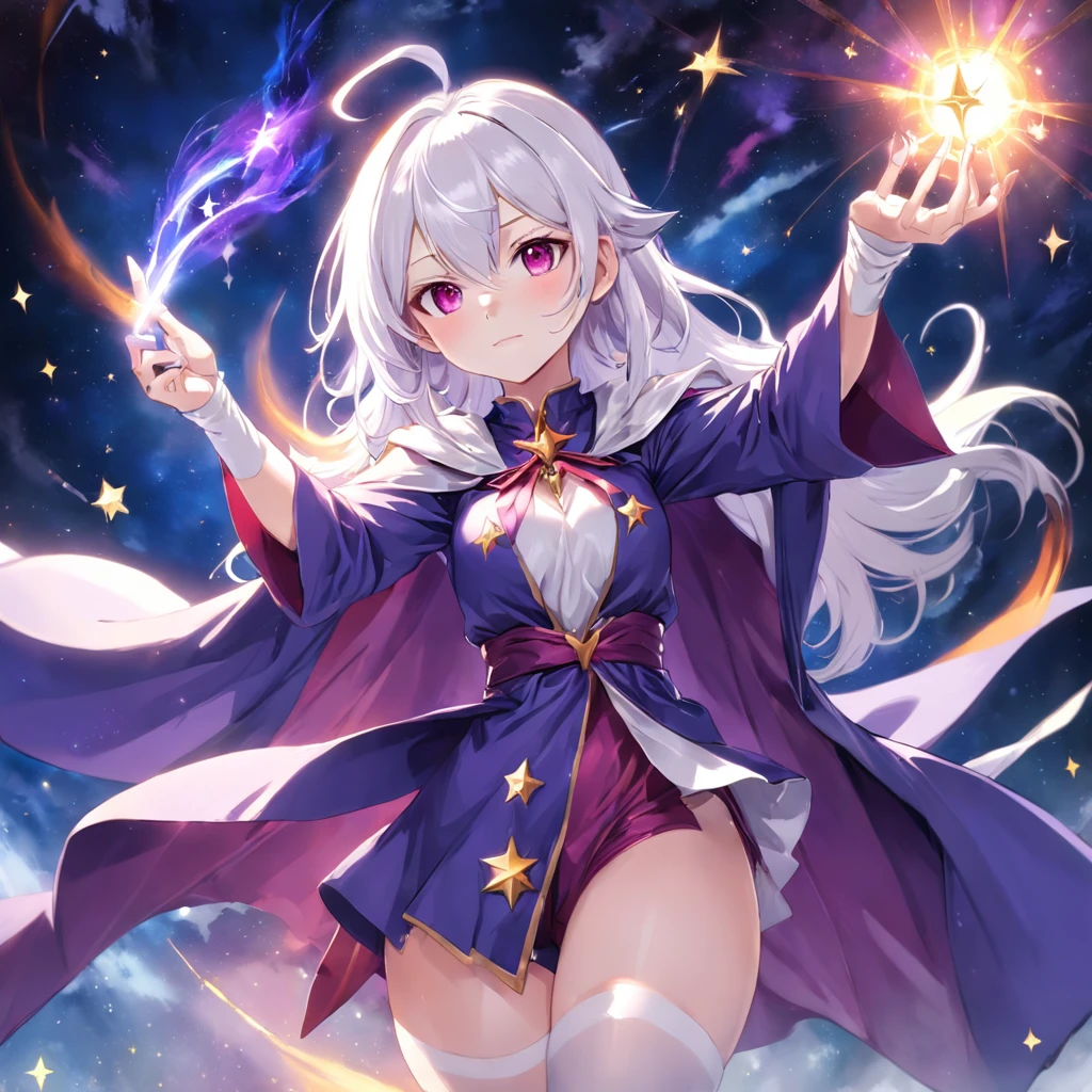 Anime girl in purple jumpsuit and white stockings,Purple cape and stars, Beautiful celestial mage, White-haired and red-eyed mage, sky witch, female mage!, sorcerer magic witch, astral witch clothes, beautiful wizard, /!\ sorceress woman, female mage conjuring a spell, Mage, sorceress woman