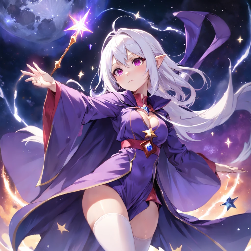 Anime girl in purple jumpsuit and white stockings，Purple cape and stars, Beautiful celestial mage, White-haired and red-eyed mage, sky witch, female mage!, sorcerer magic witch, astral witch clothes, beautiful wizard,  /!\ sorceress woman, female mage conjuring a spell, Mage, sorceress woman