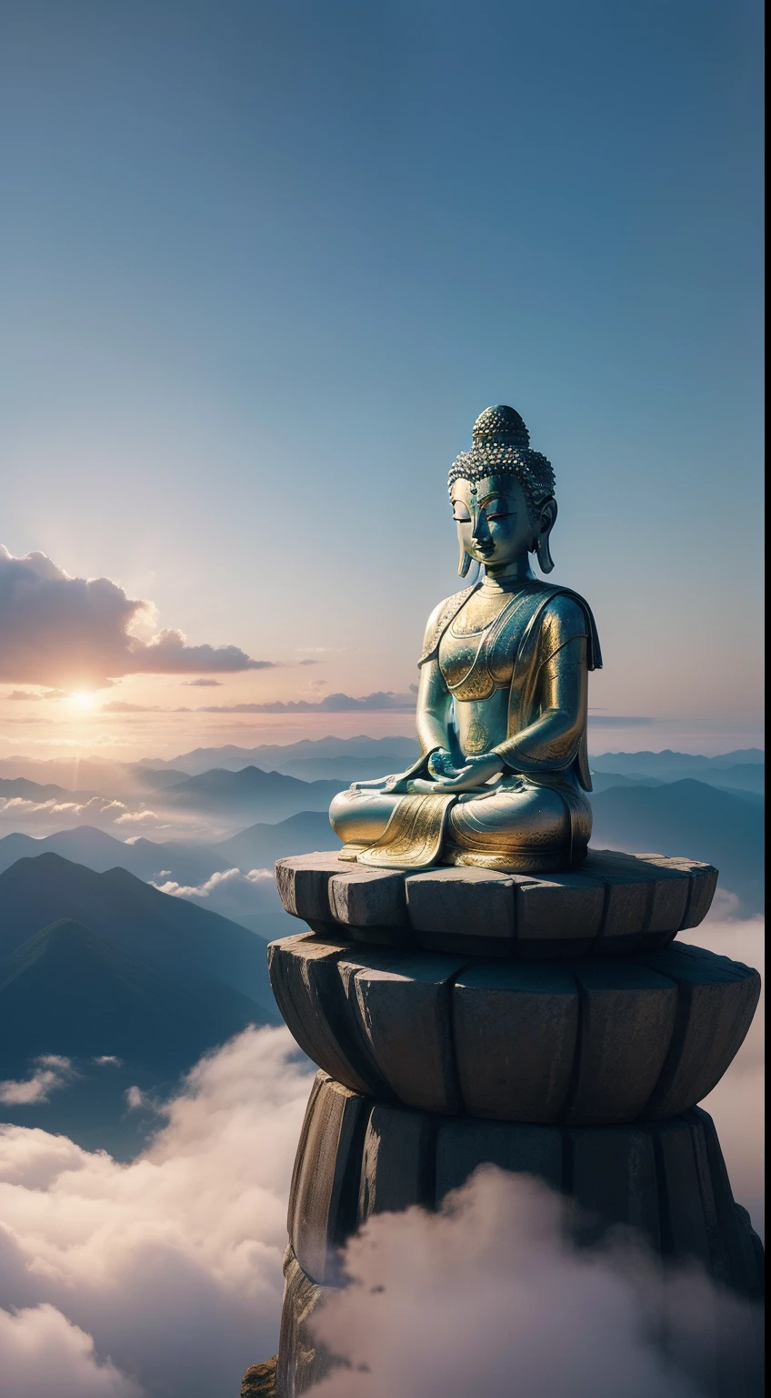 /imagine prompt: An ultra-realistic white-gold Buddha statue stands on the top of the mountain, Bask in dreams, An ethereal glow through the clouds. The statue's exaggerated features and intricate details are presented in unparalleled photorealism, Give it a lifelike quality,It looks almost otherworldly. When the sun sets behind the statue, The color of the sky reflects its serene countenance, Create a sense of peace and tranquility. The surrounding landscape is dotted with other Buddhist temples and monuments, Adding to the mystery and spirit of the scene. A bird's eye view provides a panoramic view of the area, Showcasing the beauty of nature and the grandeur of Buddhist traditions. This photograph captures the essence of a mysterious journey through ancient Indian Hindu art and architecture, and the spiritual significance of the Green Buddha statue. --AR 9:16, Hyper-realistic, Dreamy, Exaggerated facial features, travel, Aerial view, Hindu art and architecture, mote kei, spiritual significance, Mystery Tour.