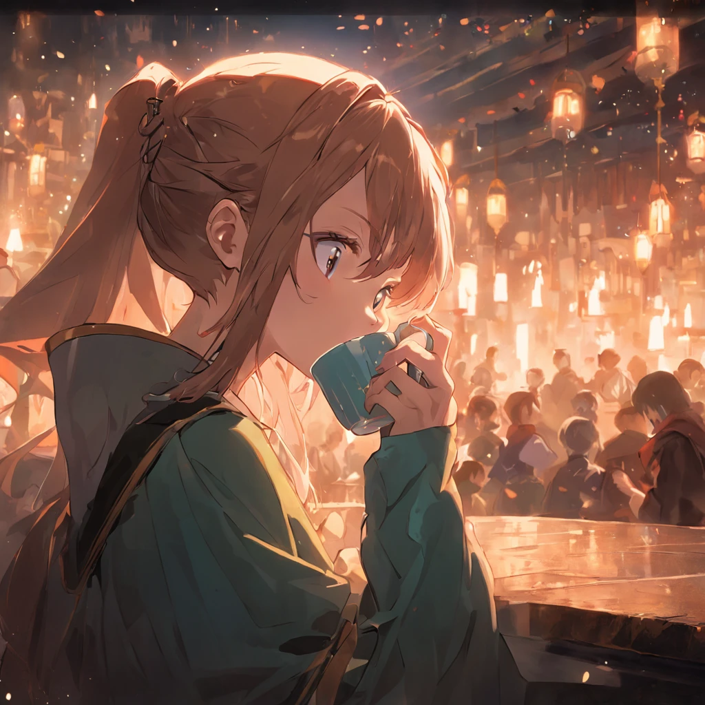A photo of an inspiring female boss,A young woman sipping medieval-style coffee,Great view,Portrays self-confidence.