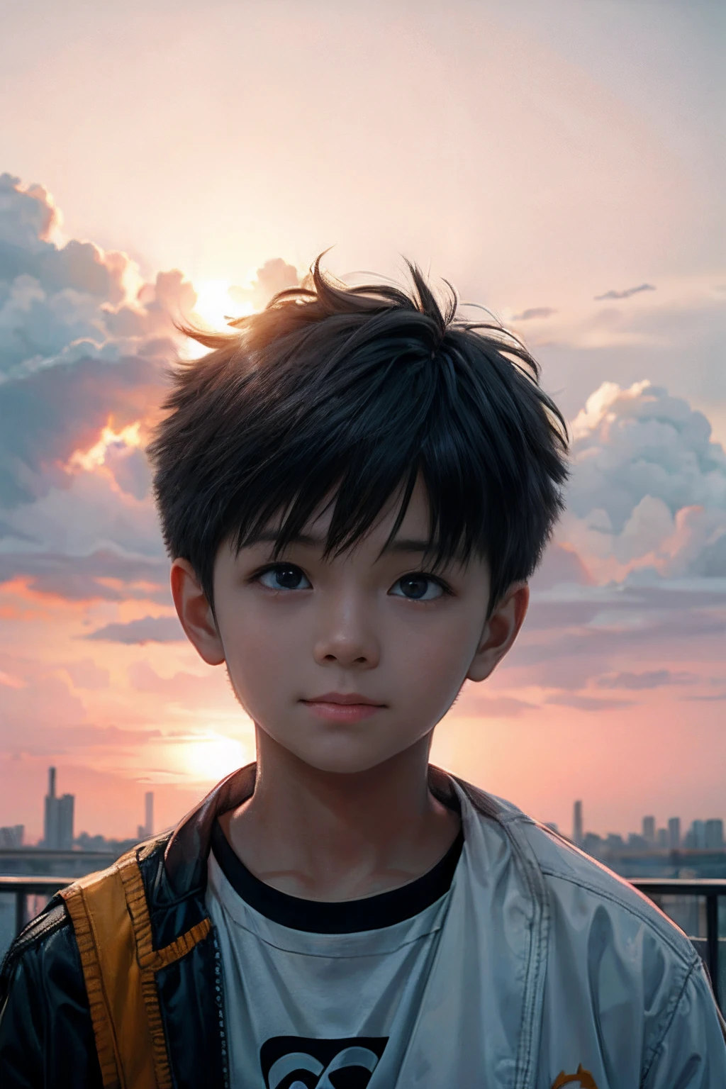 tmasterpiece，best qualityer，cinematic Film still from，1 Boy Central，natta，starrysky，Cloud Boy，floating into the sky，Close-up，brightly，cheerfulness，Soft lighting and warmth，Sun sunset，spark of light