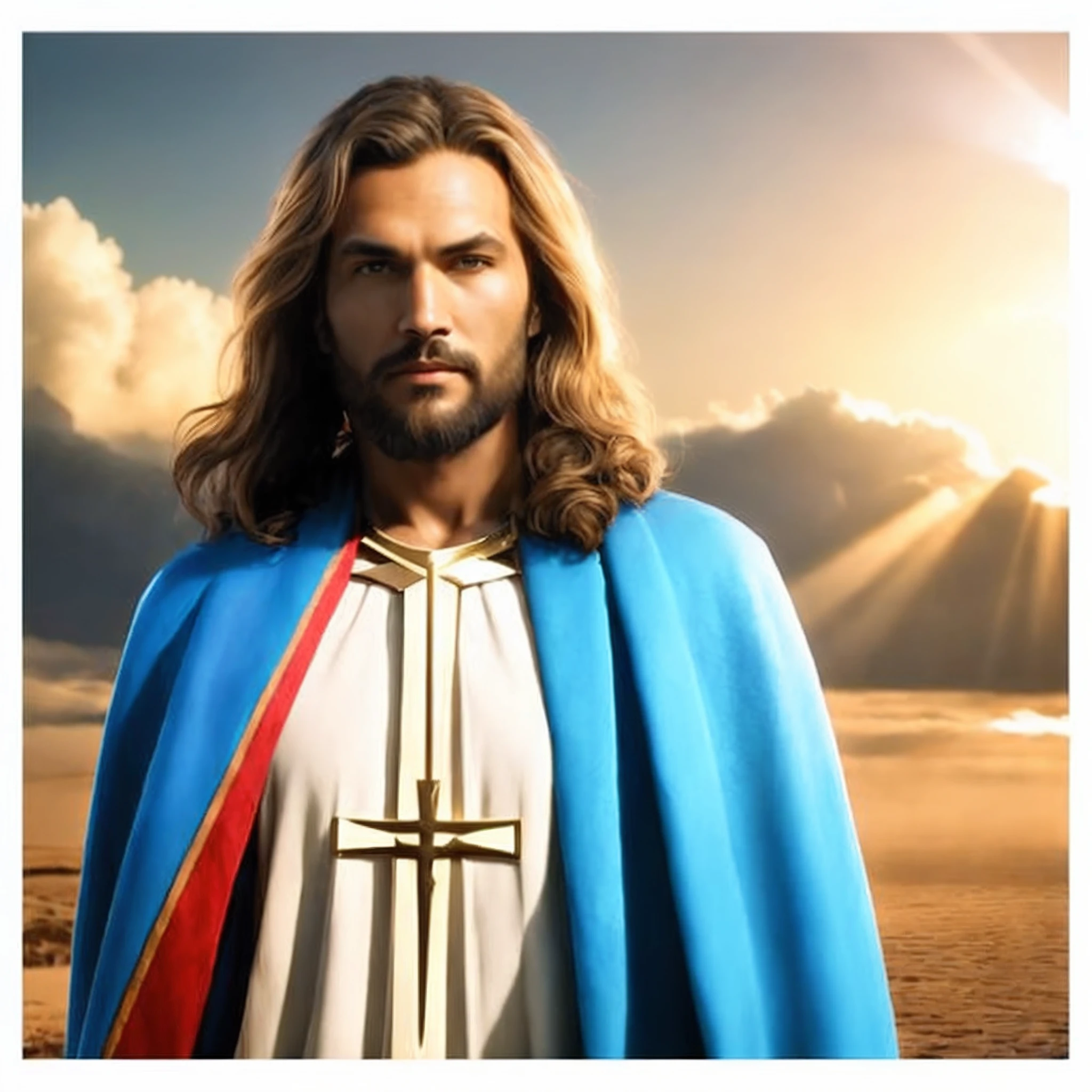 arafed image of a man dressed in a blue robe and a cross, dressed like jesus christ, jesus christ, king of kings, jesus of nazareth, greg olsen, young almighty god, holy themed, wearing cross on robe, portrait of jesus christ, tron legacy jesus christ, jason momoa as assyrian, jesus christ in mass effect, religious robes