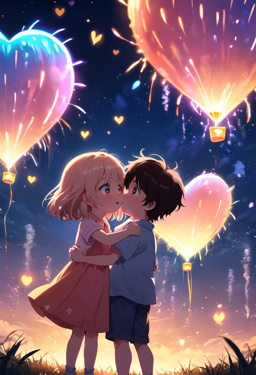 the night,Colorful,Fireworks all over the sky,Heart-shaped bubbles,Child couples,Cartoony,Chubby little girl and little boy hugging each other,Glowing fireflies around,,Cute and cute,KIDS ILLUSTRATION,Glow effects,Dingdall effect,depth of fields,high light,Real light,Ray traching,oc rendered,Hyper-realistic,best qualtiy,8K,Works of masters,super-fine,Detailed pubic hair,Correct anatomy,sharp focus on eyes,The facial structure is reasonable,Facial features are carefully depicted