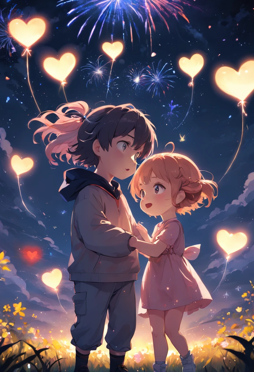 the night,Colorful,Fireworks all over the sky,Heart-shaped bubbles, couples,Cartoony,Chubby littl and little boy g each other,Glowing fireflies around,,Cute and cute,KIDS ILLUSTRATION,Glow effects,Dingdall effect,depth of fields,high light,Real light,Ray traching,oc rendered,Hyper-realistic,best qualtiy,8K,Works of masters,super-fine,Detailed pubic hair,Correct anatomy,sharp focus on eyes,The facial structure is reasonable,Facial features are carefully depicted