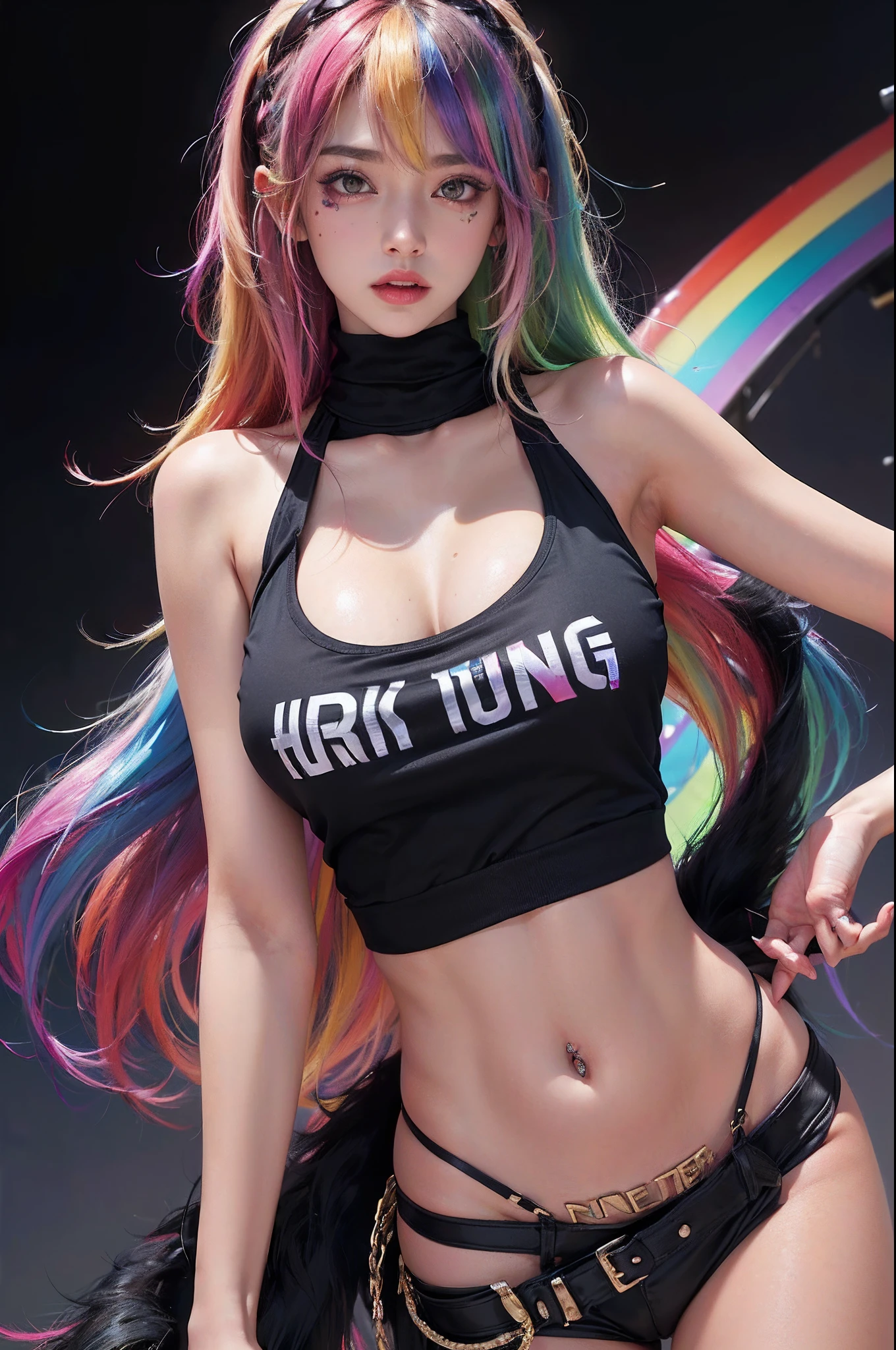 (1girl), huge tit, breasts, tan, Moisturizes skin, rainbow hair color，Black navel vest，long whitr hair, punk tshirt, punk girl