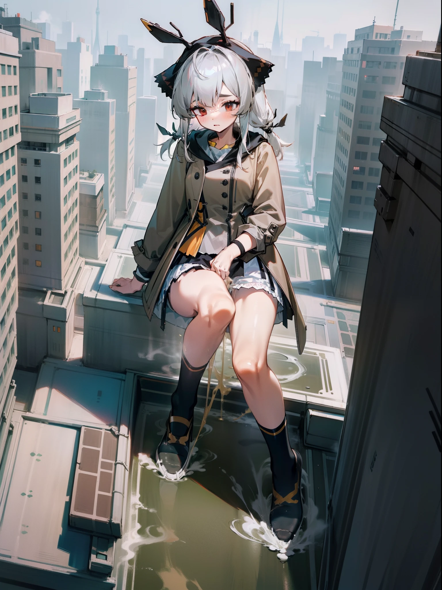 1girll，diaper，pissing，Be red in the face，Comfortable expression，Squat，urine squirting，{{{Giantess}}}，A giantess，Girl with a height of 1000 meters，1girll，modern miniature city，The city was trampled by her，Squat in a modern miniature city ，Pee vigorously，Urine emits steam，White pile socks，crowd of，Fleeing crowds，