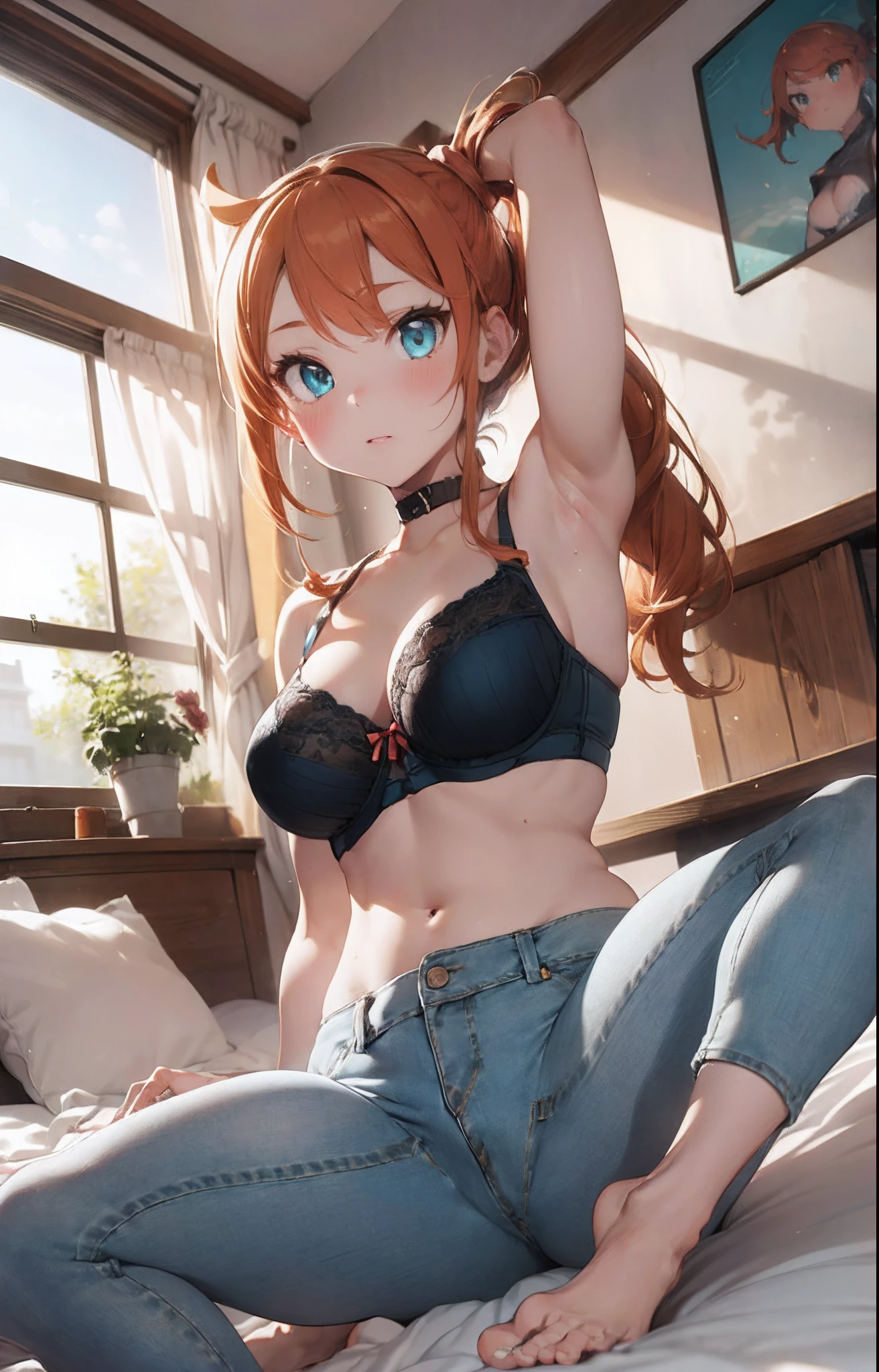 masterpiece, extremery magnificent view, perspective, extremery best quality, extremery detailed CG, 8k wallpaper, high resolution, highly detailed face, highly detailed eyes, perfect anatomy, super detailed skin,
(dynamic angle, dynamic pose:1.2), indoors, bedroom, bed and pillow, (portrait, legs focus, full body), (beautiful face, beautiful eyes, beautiful legs:1.3), looking at viewer, blush,
1 girl, solo, sonia, (bra top), (denim pants:1.3), large breasts, orange hair, side ponytail, heart hair ornament, (barefoot), aqua eyes, (lying on bed), (spread legs:1.2), skinny, slender, arms up, wide hips, thin waist