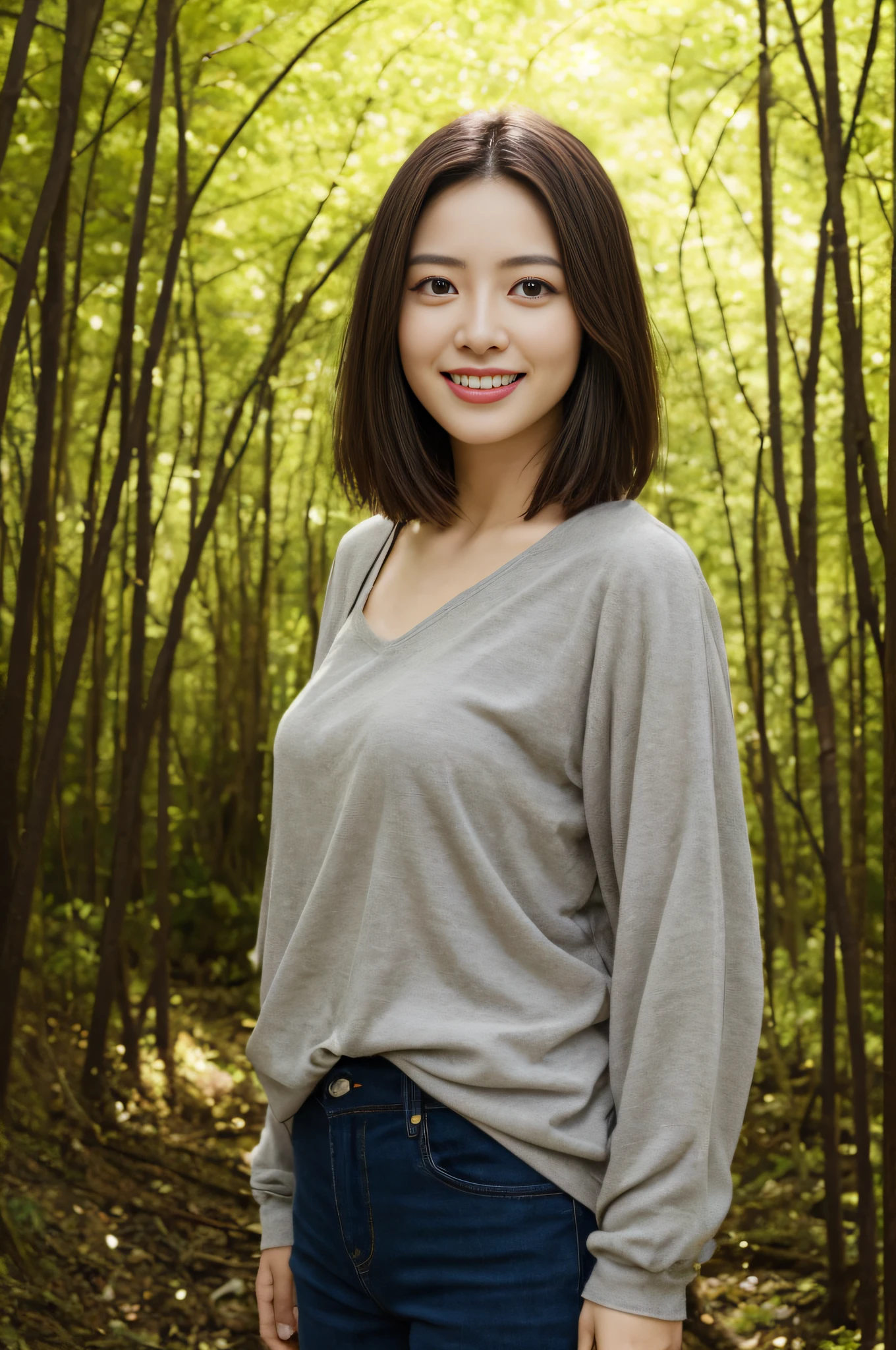 Satomi Ishihara,Yui Aragaki,Momoe Yamaguchi, 8K, High quality, Realistic photo images, 26 year old, Japan Woman, Neat and clean wife, small, housewife, Reproduce natural and realistic eyes, Japan Person Stand, small, Beautiful black hair, Short hair, Light makeup, Octane rendering, Beautiful lighting, Golden ratio composition, Smile, Everyday wear, Casual clothes, Natural background, Blurred background, 4K, High quality, Realistic photo images, Japan Woman, 26 year old, Pure Japanese face, Lovely wife, Upper body, Small breasts, Light makeup, Suppin, Neat beauty, Mature woman, Sober clothing, Gray, Beige, Blue, sober, Casual attire, Smile, Black hair, Small black eyes, Background blur,Water trees under the mountain