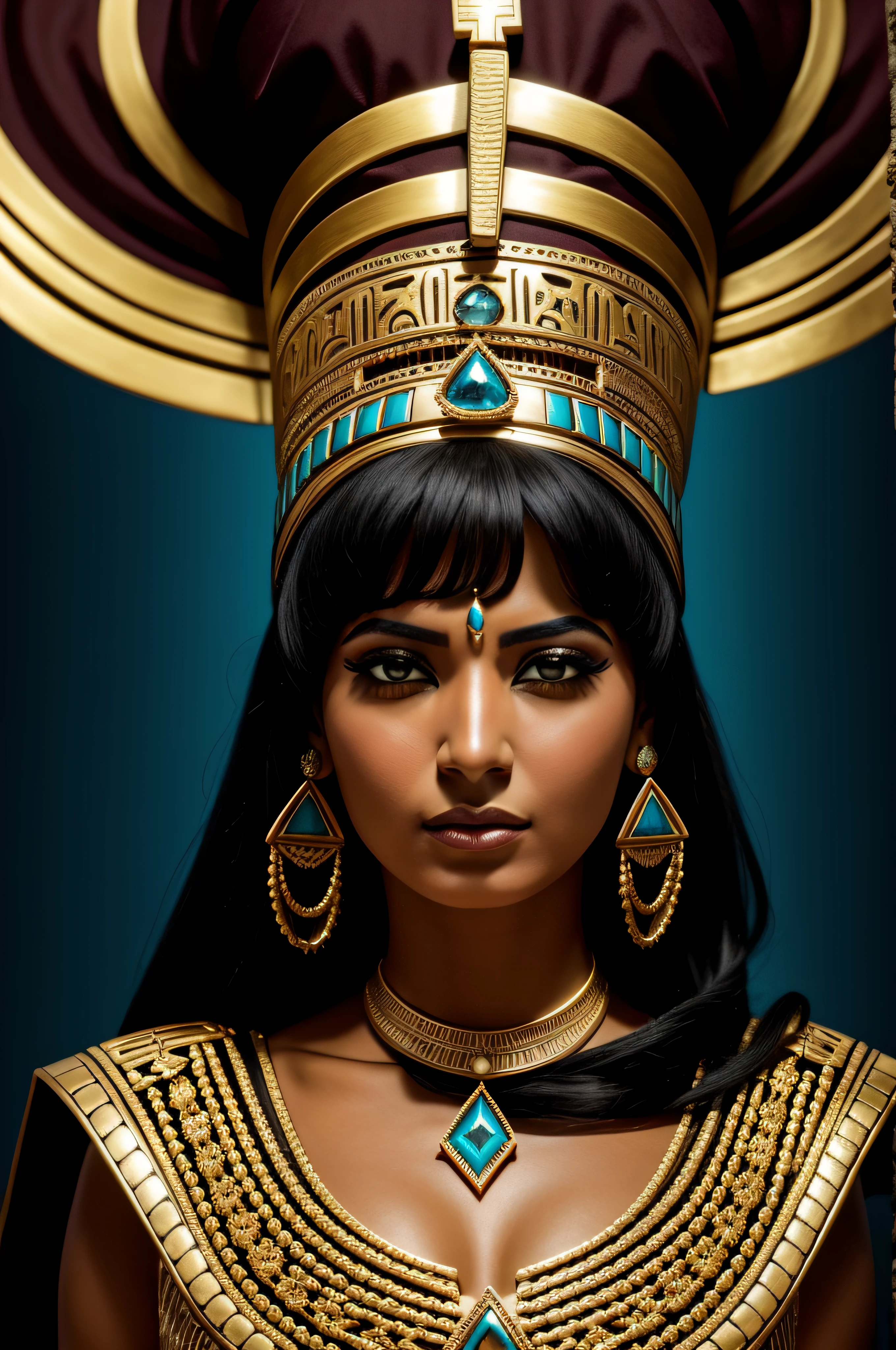Egyptian woman in costume, posing with jewelry, in the style of dark gold and dark cyan, epic fantasy scenes, national geographic photo, northern and southern dynasties, intense gaze, rim light, ornate details