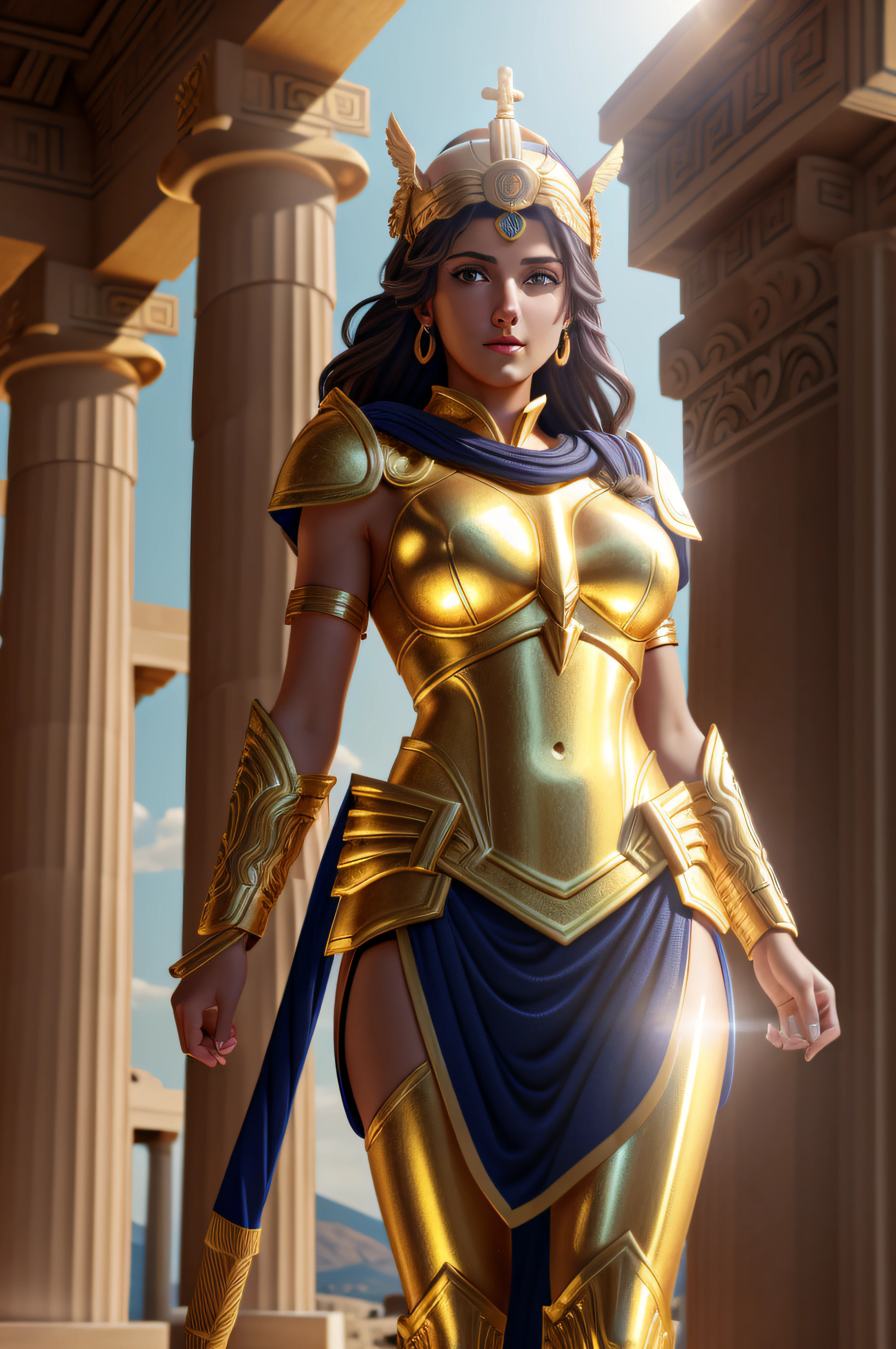 Athena Greek goddess in golden armor, glowing eyes, background of a shinning Greek temple, hyper-detailed, digital art, beautiful lighting, 8k, art station