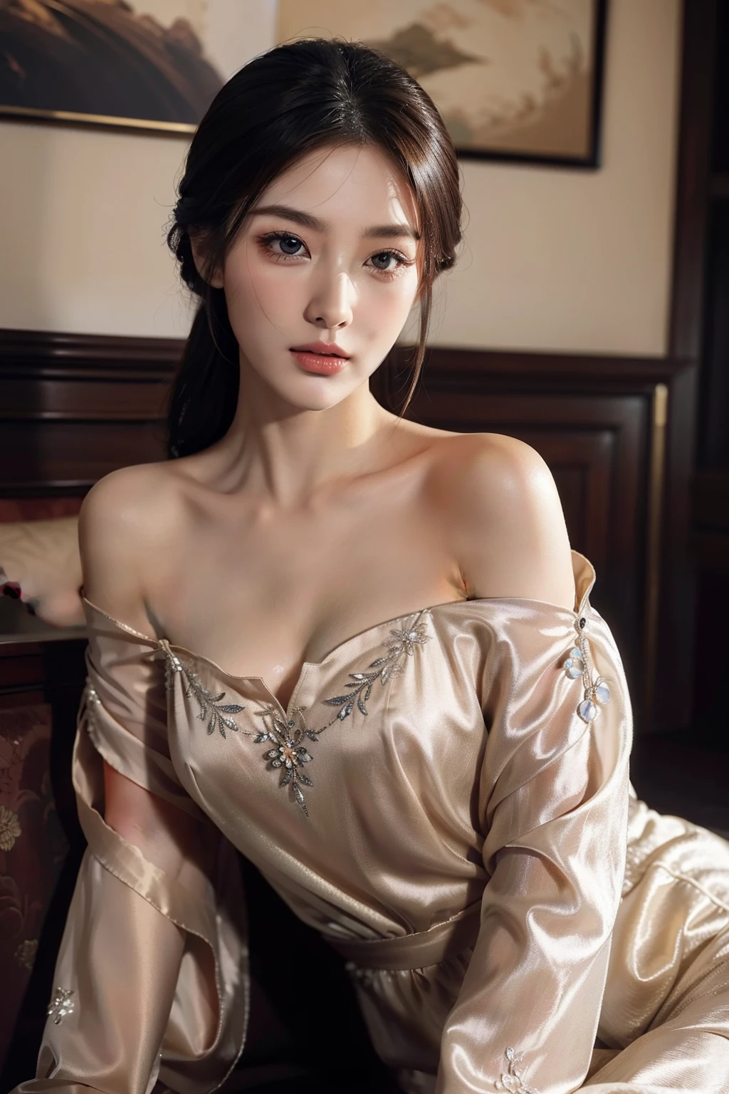 (masterpiece, high-res, illustration:1.2), Charming woman, (Unusual white evening dress:1.1), (Ribbon and bow flow:1.2), (Flow Gold Lock:1.3), Relax in a luxurious white bedroom, (Soft pillows and blankets:1.2), (Luxury dressing table:1.1), (Light pastel palette:1.2), (Delicate floral motifs:1.1), An atmosphere of elegance and comfort., (Fun expressions:1.2), (Relaxed and carefree posture:1.1), (Intricate details in fabrics and textures:1.2), A moment of happy relaxation, whimsical art.