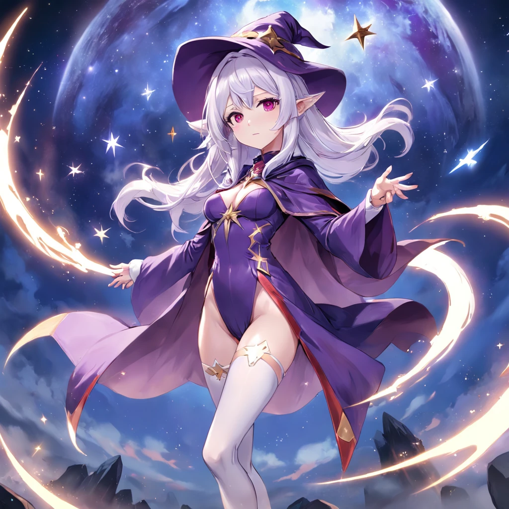 Wearing a purple jumpsuit、Anime girl with white stockings and high heels,Short purple cloak and stars, Beautiful celestial mage, White-haired and red-eyed mage, sky witch, female mage!, sorcerer magic witch, astral witch clothes, beautiful wizard, /!\ sorceress woman, female mage conjuring a spell, Mage, sorceress woman