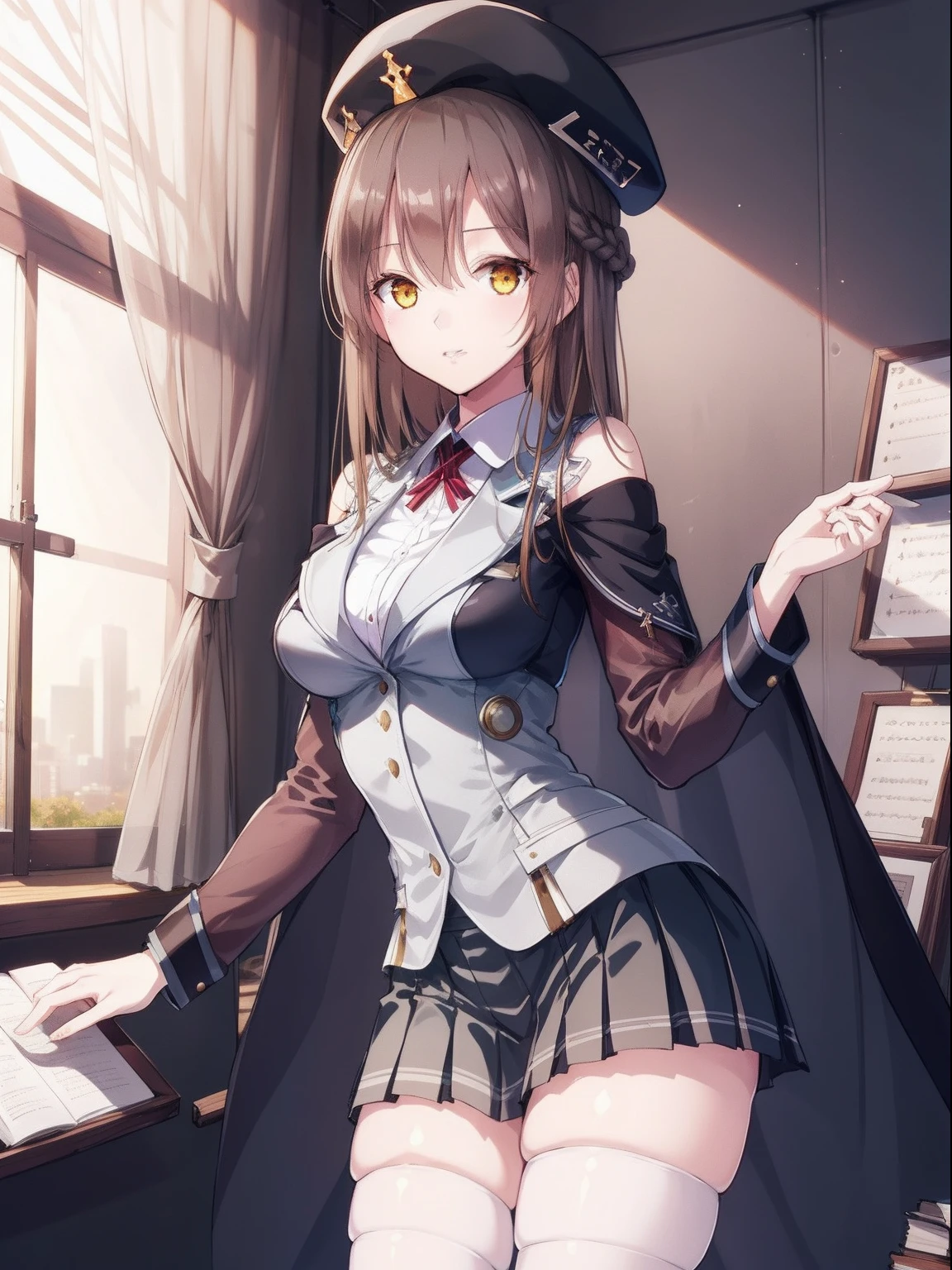 the Extremely Detailed CG Unity 8K Wallpapers、Manteau blanc, physician, 
1girl in, 独奏, thighs thighs thighs thighs, Hats, brown haired, length hair, yellow  eyes,