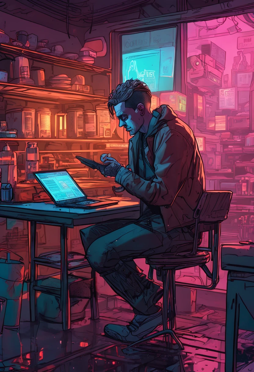 A close-up of short hair, Emaciated sick writer (Man) sits at a table, Watch and tip on laptop, Illuminated by vivid cyberpunk lights . In the background as a mall window,See the futuristic city in an old rusty dusty kitchen with a cyberpunk feel. There were pill bottles and ashtrays on the table. Realistic wide-angle lens.